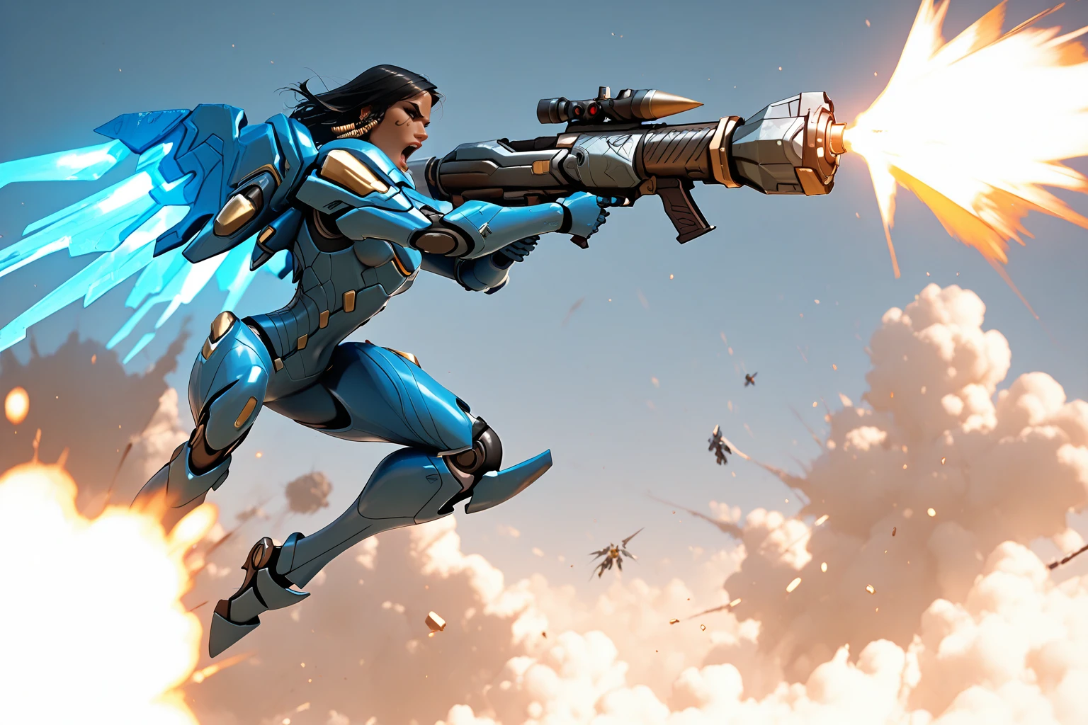 masterpiece, good quality, best quality, very awa, very as2, absurdres, highres, 3d
<lora:PharahilluLoRA:1>phrah, hair tubes, facial tattoo, side braids, power armor, short hair, jetpack, thrusters, mechanical wings, holding gun, (rocket launcher), flying, attacking,angry <lora:Michael Turner Marc SylvestriStyleIlluLYCO:1> mtms, dynamic pose, explosions, shrapnel, open mouth, backwards, firing, solo