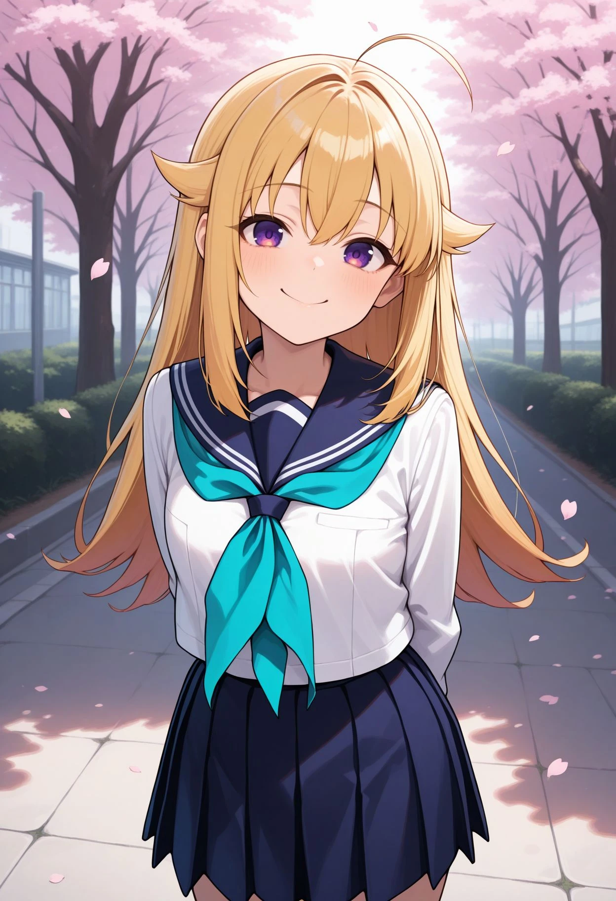 masterpiece,amazing quality,best quality,ultra-detailed,8K,illustration, amazing quality,
outdoors,cherry blossoms,standing,cowboy shot, smile,arms behind back, <lora:Koshitan :1> 1girl, ahoge, blonde hair, purple eyes, hair flaps, long hair, school uniform, serafuku, long sleeves, white shirt, blue neckerchief, blue sailor collar, blue skirt, pleated skirt, aqua neckerchief