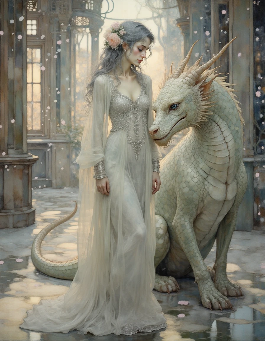 A stunning female figure stands confidently in an ethereal, enchanted setting, adorned in a flowing, alluring gown that emphasizes her curves with a deep neckline and intricate lace detailing. The gown is a shimmering white, embellished with silver accents that catch the light, giving her an otherworldly glow. She has long, flowing silver hair, loosely cascading over her shoulders, and wears delicate floral accessories that add a touch of romance. To her side, a majestic, mythical dragon with glistening white scales and piercing blue eyes curls protectively around her, its presence both powerful and graceful. The background features ornate, ancient architecture, softly illuminated by ambient sunlight filtering through mystical wisps of fog. Delicate petals float around them, enhancing the dreamlike atmosphere. The lighting is soft yet dramatic, highlighting the connection between the woman and the dragon. The composition is centered on the figure, with a slight focus on the dragon's head, creating a balanced dynamic between the two. The emotion conveyed is one of strength and serene beauty, evoking a sense of enchantment and intrigue., dikrymd, <lora:Kaoru-Yamada_v17-000054:1>