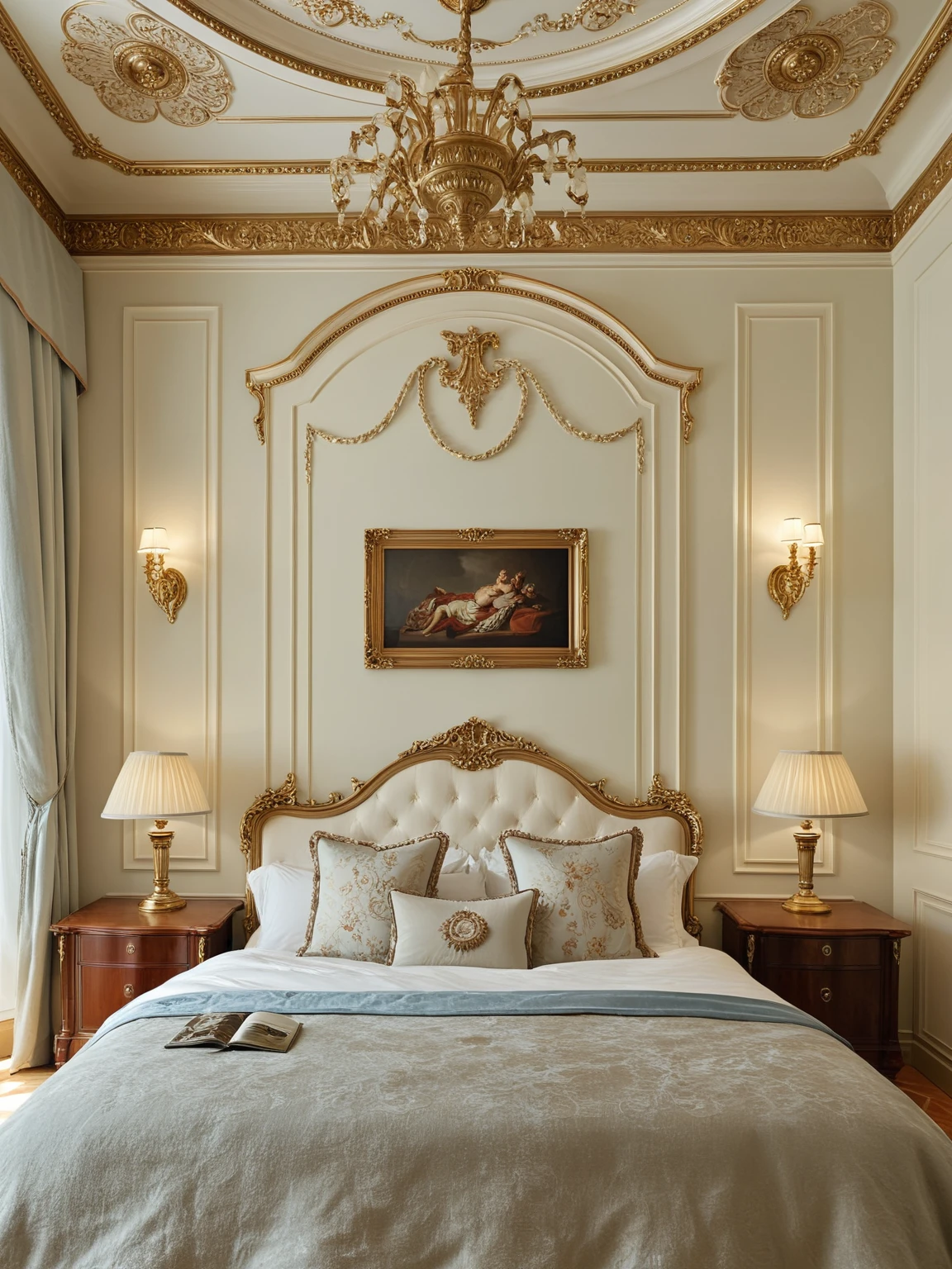 <lora:JJsRococoStyle_XL:1> , (Rococo),((best quality)),((masterpiece)),((realistic)), indoors, no humans, scenery, ceiling light, blanket, painting, still life, carpet, subject, rug,bed, golden_ratio,