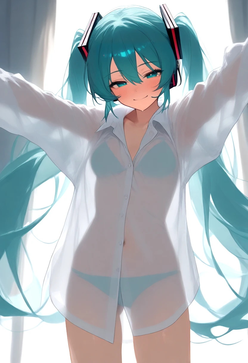 masterpiece,best quality,amazing quality,absurdres,<lora:hatsune_miku_illustrious:0.8>,hatsune_miku_illustrious,1girl,alternate costume,aqua eyes,aqua hair,arms up,breasts,dress shirt,hair between eyes,half-closed eyes,hands out of frame,long sleeves,looking at viewer,outstretched arms,oversized clothes,oversized shirt,see-through clothes,see-through shirt,see-through silhouette,shirt,smile,standing,twintails,