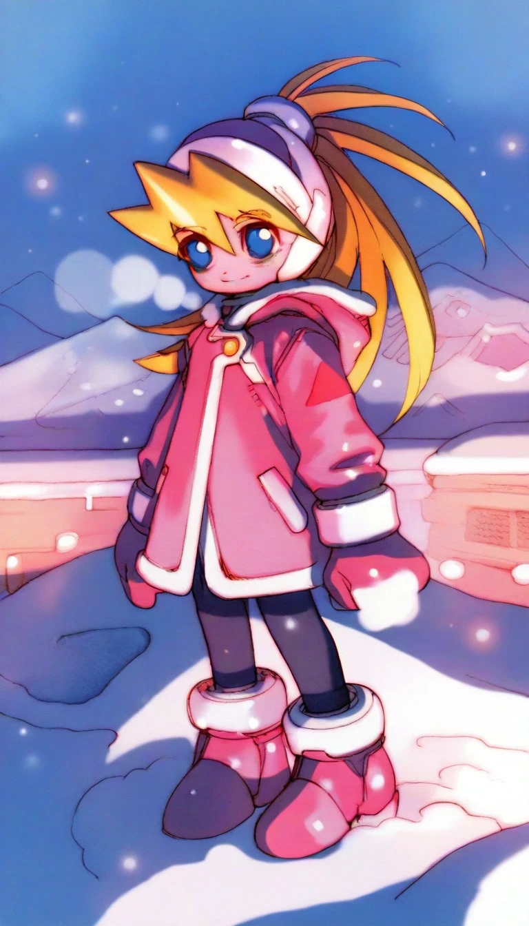 masterpiece,best quality,amazing quality,
<lora:cielIL:1>,
cie1,
1girl,solo,blonde hair,long hair,bangs,ponytail,headdress,blue eyes,
pink coat,pink winter gloves,black tights,pink boots,
full body,looking ahead,smile,walking,
soft lighting,light particles,
outdoors,fog,snow,hill,