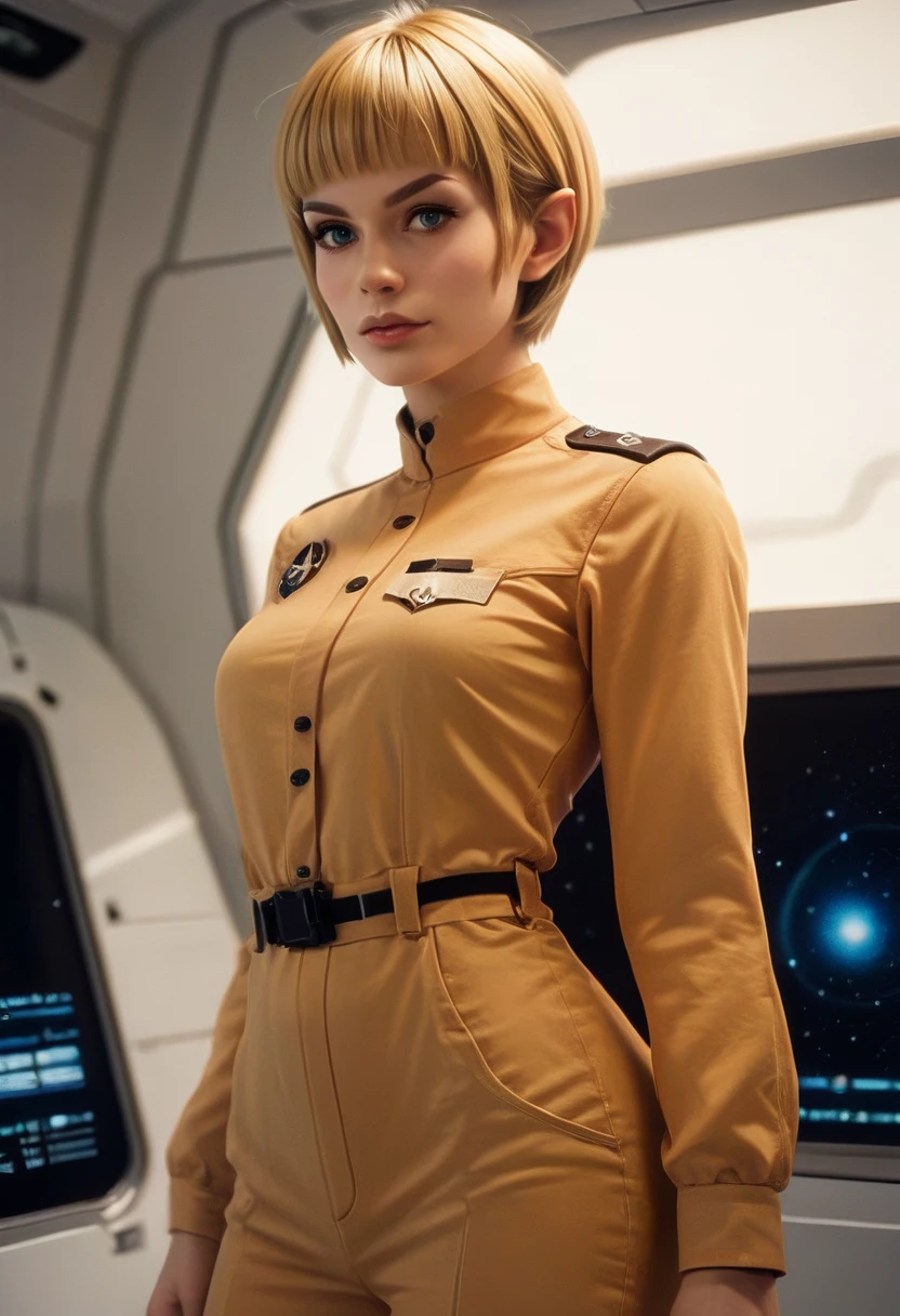 source_9, source_8_up, source_7_up, source_6_up, vulc4n, on a spacecraft, cowboy shot, 1girl, pointy eyebrows, blunt bangs, blonde hair, short hair, wearing a uniform <lora:vulc4n-v4:1>