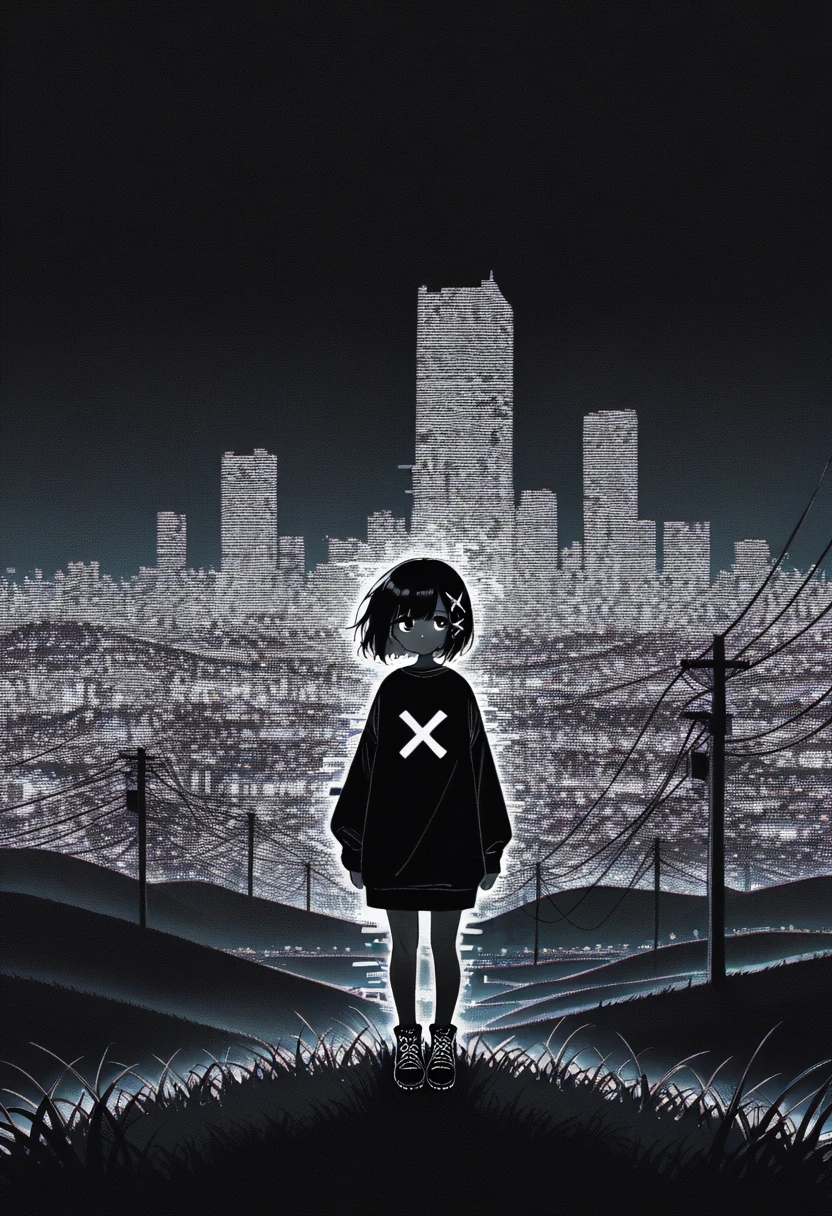 1girl,looking at viewer,full body shot,sleeves,full body,:d,glitch art,glitching,glitch,scanlines,monochrome,outdoors,power lines,wide shot,reddish sky,grass,hill,expressionless,x hair ornament,city lights in background,city in background,skyscraper in background,skyline,stylish,dark theme,