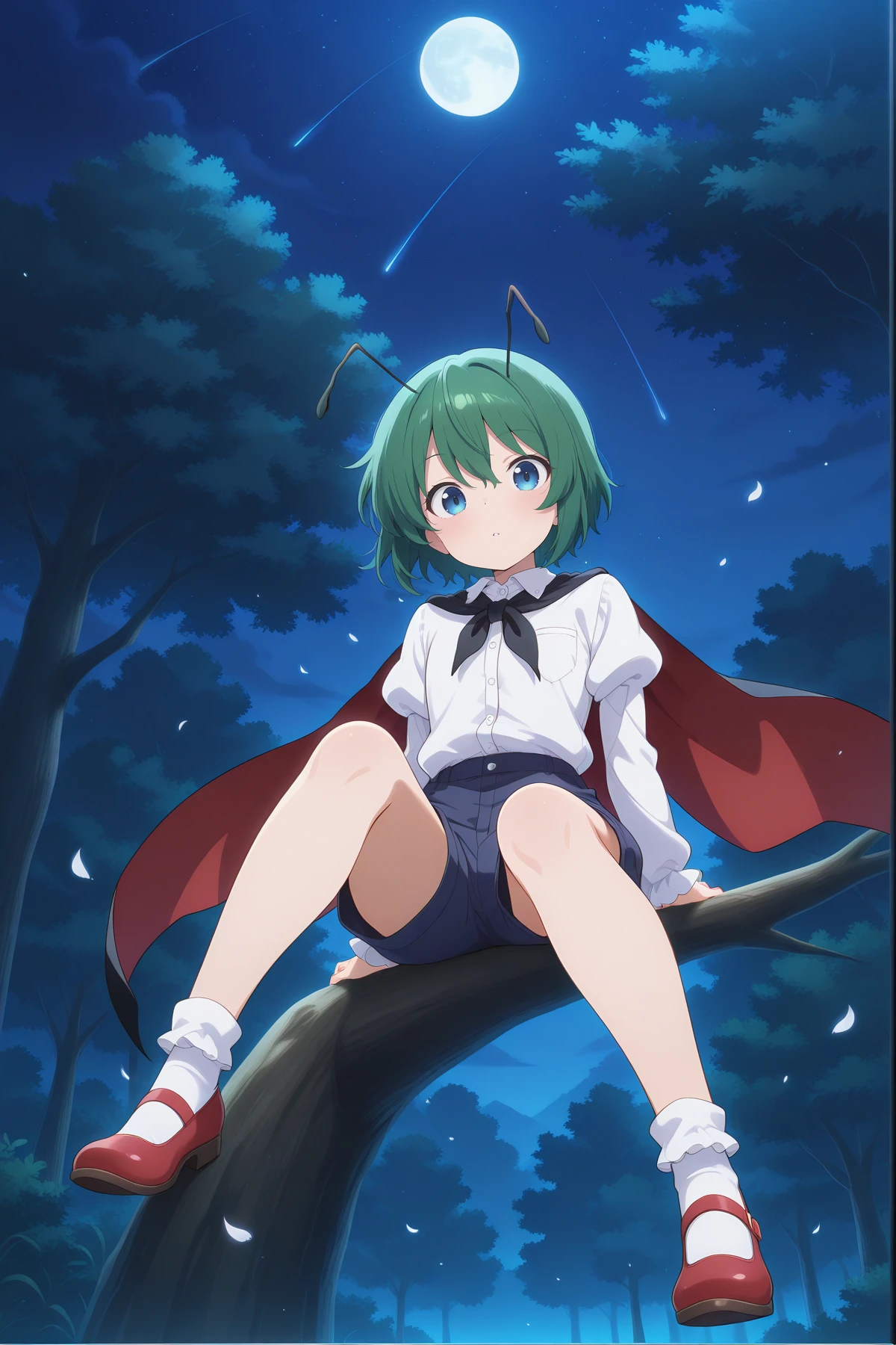 5yo Seras Victoria nude, happy, full body view, skinny, flat chest, red eyes, in a forest, at night, full moon, moonlight, moon in the background, standing, view from below, view from the ground, visible chest, pussy, butthole,