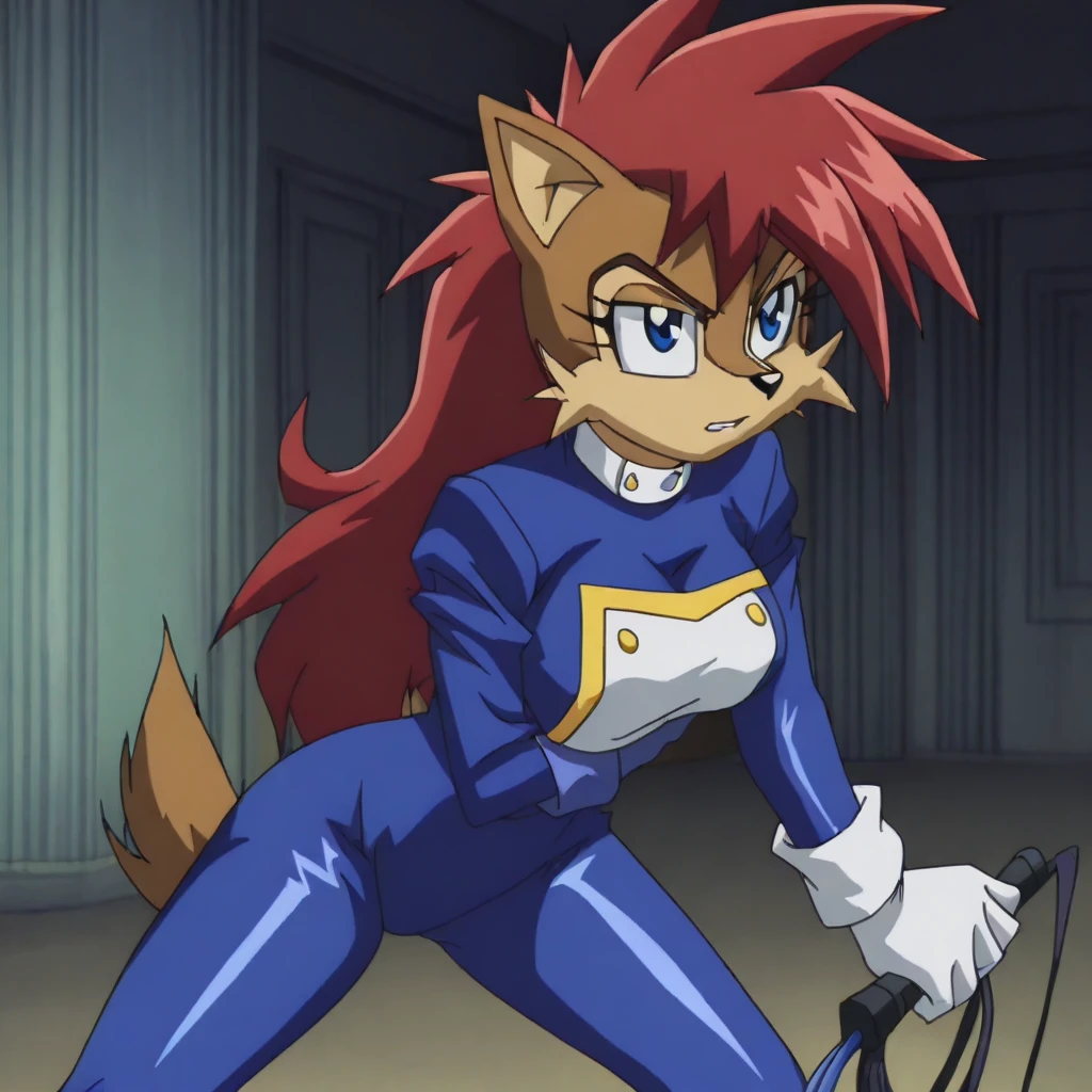 whip, holding whip, blue eyes, best quality, masterpiece, 1girl, solo, brown fur, furry female, furry, anti sally acorn, wide hips, red hair, long hair, blue and white uniform with yellow trim, white gloves, blue bodysuit, indoors, dark_room, darkness, chipmunk tail, chipmunk ears, combat pose, <lora:Anti_SallyEvil_SallyPrincess_Alicia_Acorn_for_Illustrious:1.2>, <lora:Yugioh_Duel_Monsters_Illustrious_SD8:0.6>, <lora:Dark_Side_Of_Dimensions_Illustrious_SD8:0.7>, <lora:Yugioh_GX:0.5>