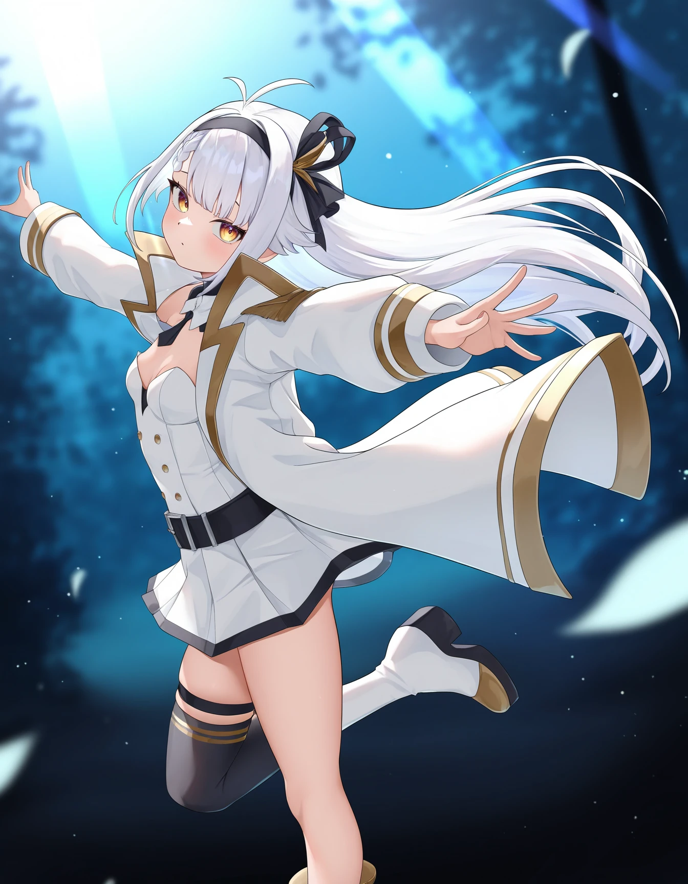 realistic, 1girl, waist long white hair, large breasts, (elven princess:0.4), purple eyes, detailed iris, glowing eyes, crop top, skirt, parted lips, (flipping crop top:1.5), flipping miniskirt, (miniskirt:1.1), blush, (underboob:1.5), while jumping, (legs apart:1.5) (cameltoe:1.1), view frm below, night sky, (shoreline:1.5), (medieval town:1.5), comet, night sky,