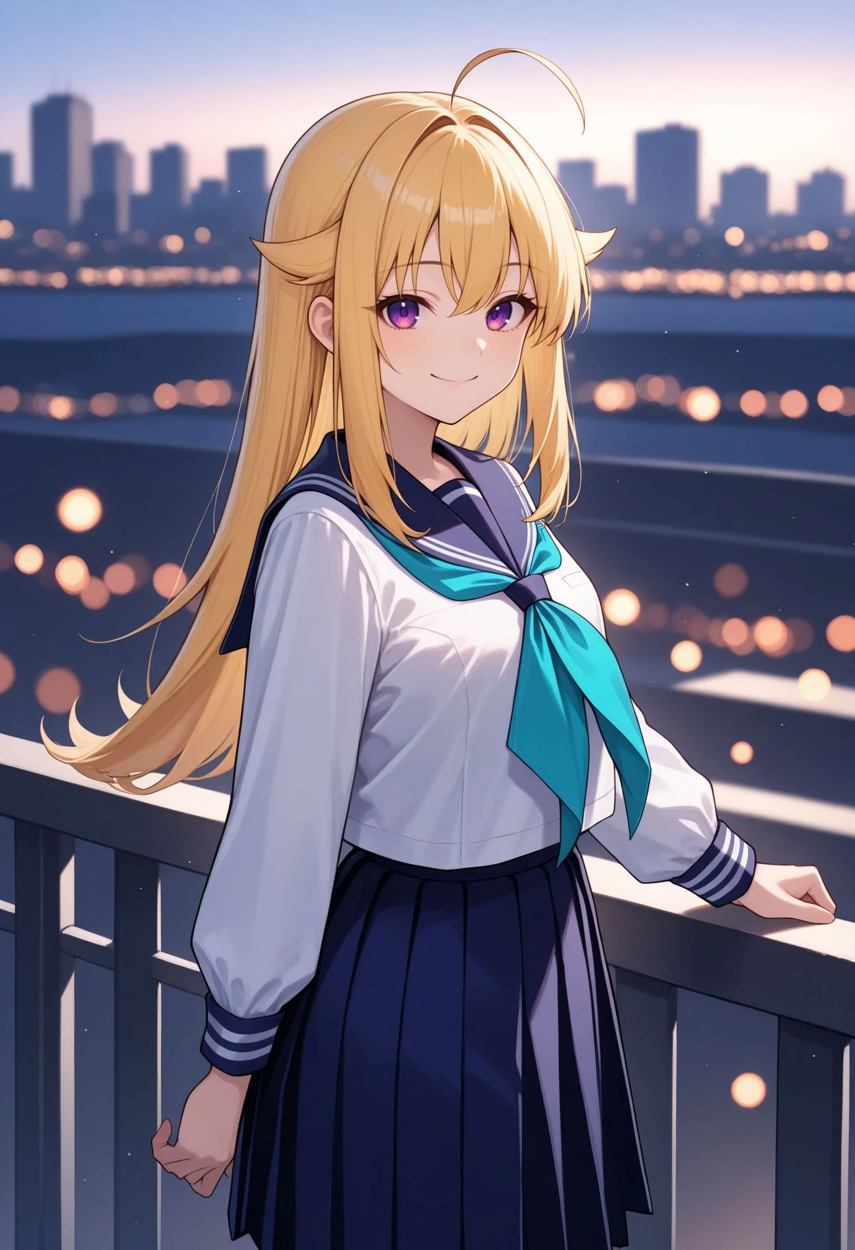 masterpiece,best quality,absurdres,highres,very aesthetic,high quality,detailed,insanely detailed,beautiful,perfect lighting,
,from front,against railing,depth of field,blurry background,cityscape,bokeh, smile,
face focus, looking at viewer, 1girl, ahoge, blonde hair, purple eyes, hair flaps, long hair, school uniform, serafuku, long sleeves, white shirt, blue neckerchief, blue sailor collar, blue skirt, pleated skirt, aqua neckerchief <lora:Koshitan :1>