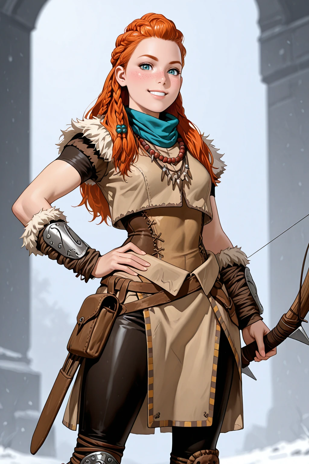 masterpiece, good quality, best quality, very awa, very as2, absurdres, highres
<lora:AloyilluLoRA:1>aly, long hair, multiple braids, freckles, hair ornament, scarf, top, fur trim, necklace, bracer, skirt, pants, single knee pad, boots, smile, holding bow (weapon), big bow, looking at viewer, hand on hip
<lora:80FantasyStyleilluLYCO:0.8> fantastyle, cowboy shot