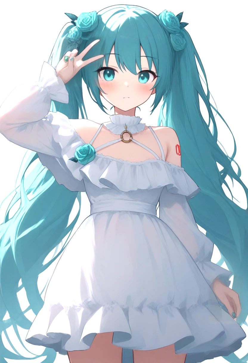 masterpiece,best quality,amazing quality,absurdres,<lora:hatsune_miku_illustrious:0.7>,hatsune_miku_illustrious,1girl,aqua eyes,aqua flower,aqua hair,aqua nails,aqua rose,arm at side,arm up,bare shoulders,blush,closed mouth,cowboy shot,dress,flower,flower tattoo,frilled sleeves,frills,hair flower,hair ornament,long hair,long sleeves,looking at viewer,o-ring,off-shoulder dress,off shoulder,official alternate costume,rose,rose cage \(project sekai\),simple background,solo,standing,tattoo,twintails,v,very long hair,white background,white dress,