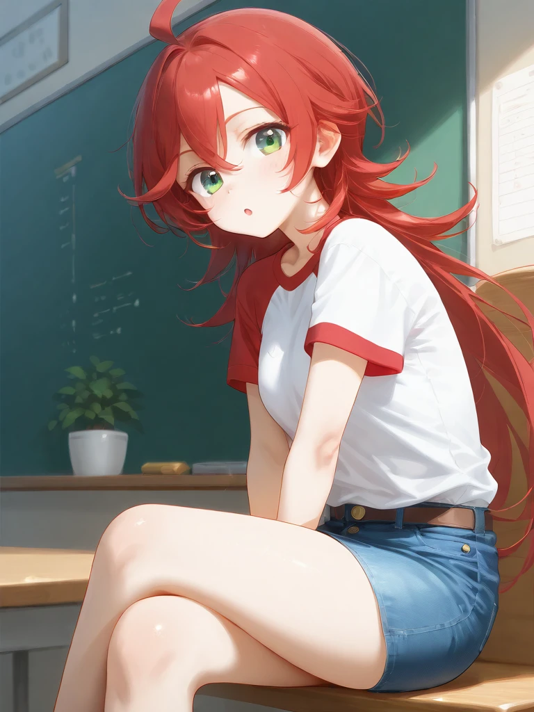 score_9, score_8_up, score_7_up,source_anime, high res image, (masterpiece, best quality:1.4), clear skin,
(shiny skin, glistening skin, shiny body, shiny face:0.6), <lora:Expressive_H:1>, expressiveh, <lora:add-detail-xl:1>,
eba rin green, eba rin, 1girl, solo, red hair, skirt, green eyes, long hair, raglan sleeves, :o, multi-colored shirt, denim skirt, sitting, crossed legs, looking at viewer
