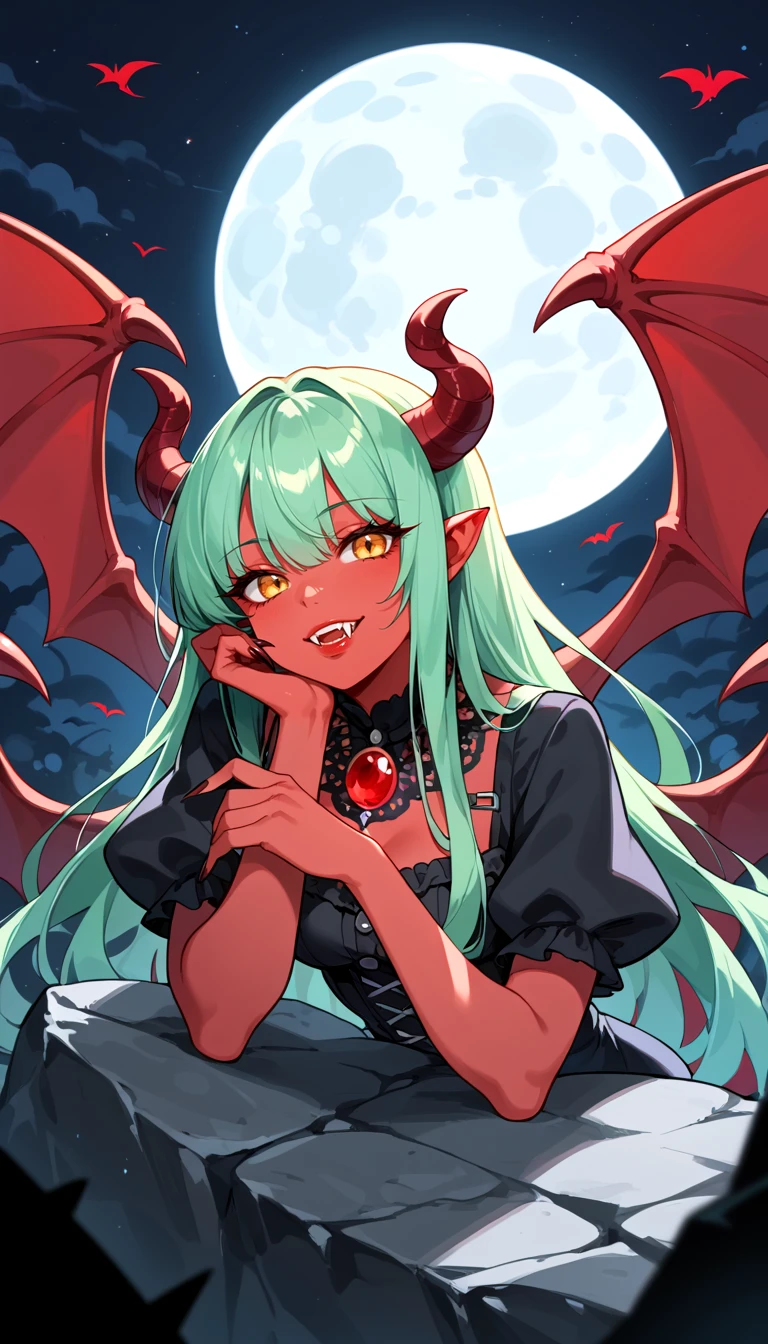 (best quality,detailed (heir|eye),select and generate best screen effect),((1girl,long-deepgreen-hair,green-eyes,orange-hooded-jacket)),(glowing demon wings:1.1), 1 demon girl, crystal eyes, horns, tail, bewitching smile, (parted lips:0.7),
hair ornaments, provocative, red clothes,
(all fours:0.9), on rooftop, pink night, middle ages,
sharp focus, looking at viewer, cowboy shot, (from side:0.7),
(intricate:1.1), (cherry pink theme:1.1), (pink tone:1.1), (orange tone:0.7), illustration,