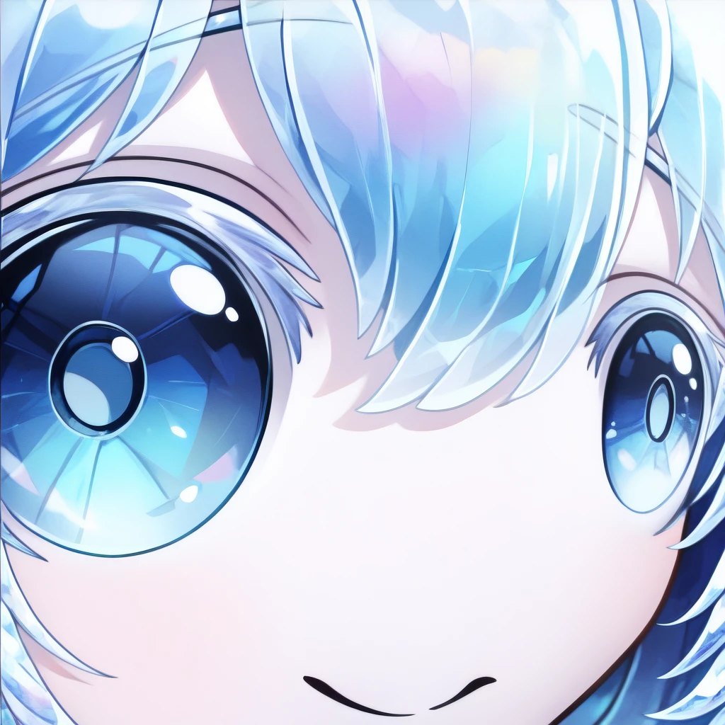 masterpiece, best quality, newest, absurdres, highres, eye focus, close-up, smile, closed mouth, portrait, border, <lora:StareMeme_illusXLNoobAI_Incrs_v1-000008:1>, <lora:Hoseki_LandOfTheLustrous_Diamond_IllustriousXL_v1_973550:1> 1other, d1am0nd, white skin, crystal hair, colored eyelashes, multicolored eyes, multicolored hair, short hair, hair between eyes,