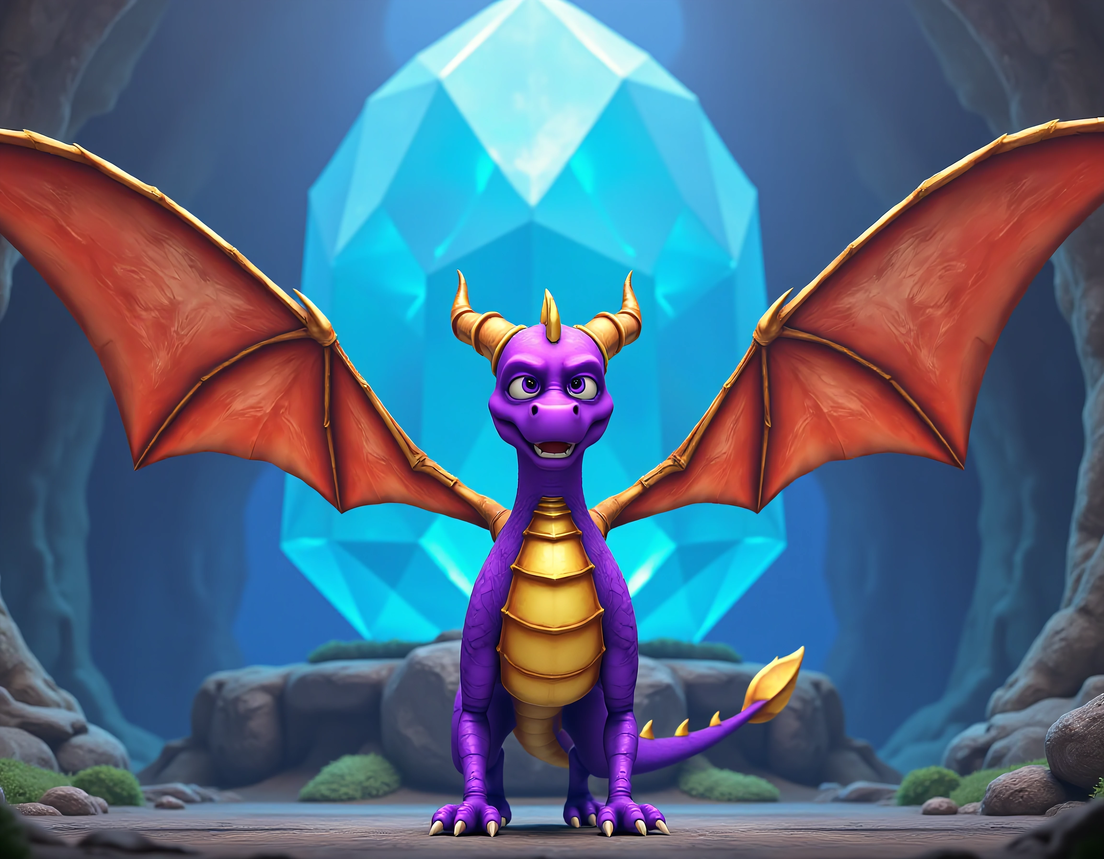 <lora:spyro-the-dragon-the-legend-of-spyro-dawn-of-the-dragon:1> Spyro, adult, Solo, standing in front of a massive glowing crystal, his wings slightly raised, his mouth open in a determined growl, the cavern illuminated by the crystal's ethereal blue light, high definition, hyper detailed, 8k, majestic.