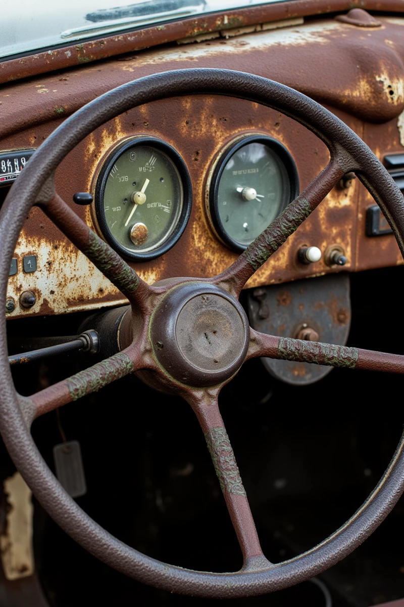 Rust_Decay,Enhanced_Lighting_and_Textures,The image shows a close-up view of an old, rusted vehicle's dashboard. The steering wheel is prominently in the foreground, with its metal rim heavily corroded and the rubber grip worn away, exposing the underlying material. Behind the steering wheel, a faded and cracked dashboard houses a single, old-fashioned gauge with a needle pointing to the left, indicating the vehicle's speed. The gauge is surrounded by a greenish hue, with signs of oxidation and decay. Several electrical switches and a white knob are visible on the dashboard, all showing signs of age and wear. The dashboard itself has a patina of rust and grime, and the vehicle's body has areas where the paint has chipped away to reveal the metal beneath. The overall condition suggests the vehicle has been exposed to the elements for an extended period and is no longer in use.