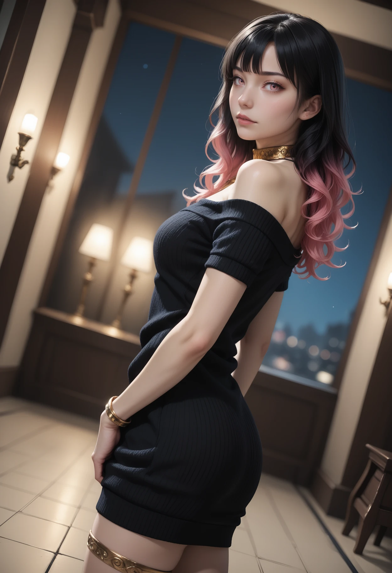score_9, score_8_up, score_7_up,
1girl, solo,
sweater dress:(black sweater), short dress, strapless, scoop neck, short sleeves, bare shoulders, gold choker, gold bracelet, (gold thighlet), gladiator sandals:gold footwear,
indoors, night, blurry background,
standing,
looking to the side, looking at viewer,
wide shot, from side, dutch angle, depth of field, realistic,
<lora:Dark_Kylie_Pony:0.5> d4rkkyl13, black hair:gradient hair:pink hair, pink eyes,