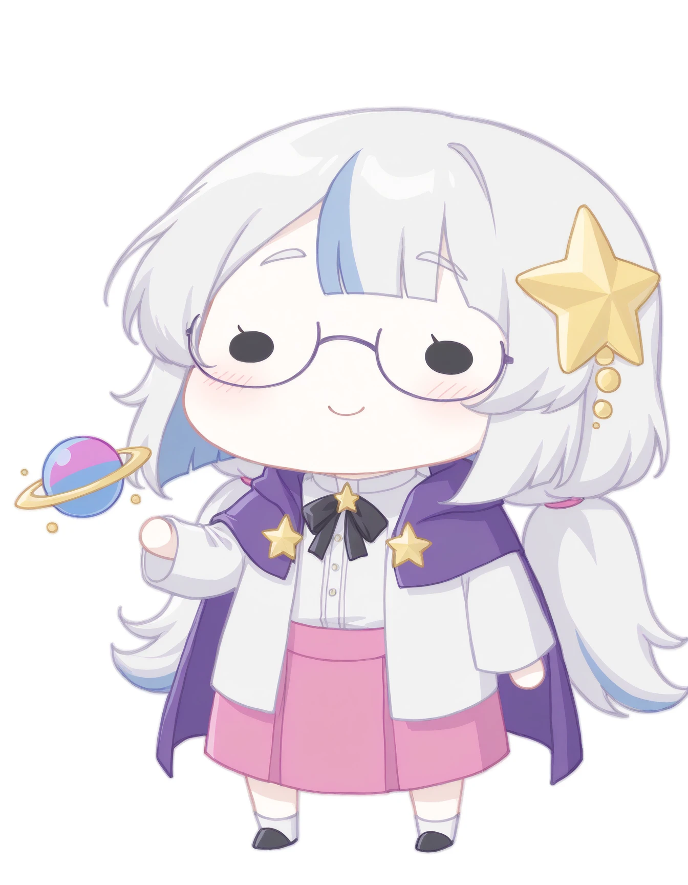 masterpiece, best quality, amazing quality, very aesthetic, high resolution, solo
Asteria-vkstickrs, silver hair, blue streak, glasses, white blouse, black ribbon bow, pink skirt, deep purple cape adorned with golden star-shaped accessories, Floating around her are small celestial orbs and planetary rings, chibi, dot eyes, white background, full body, smile
<lora:style_walfie_illustriousXL-GLoRA:1>
<lora:Asteria-vkstickrs_il:0.9>