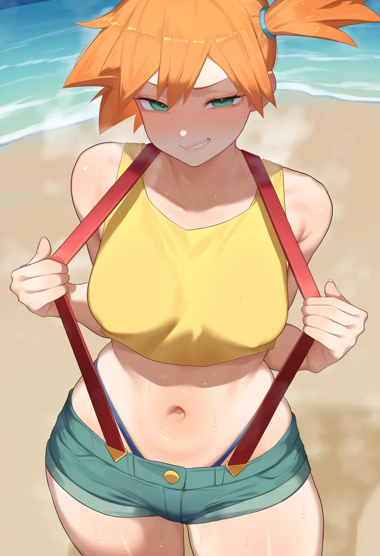 best quality, amazing quality, very aesthetic, absurdres,
1girl, misty \(pokemon\), orange hair, side ponytail, yellow crop top, short shorts, thong, suspenders, looking at viewer, smirk, standing BREAK
wave, sand, sea, blue sky, ocean, <lora:KikimifukuriNoobLocon_byKonan:1>