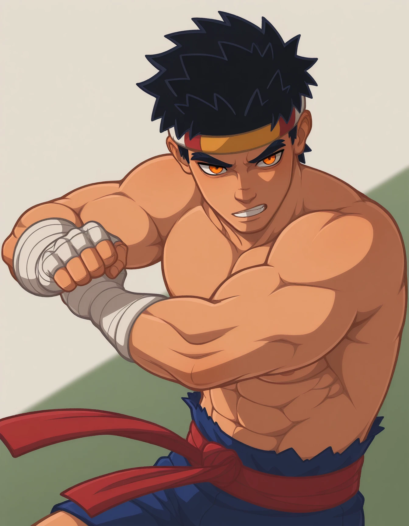 masterpiece, best quality, amazing quality, very aesthetic, high resolution, solo, male
Tong-vkstickrs, bare torso, white bandages, muscular, orange eyes, red sash, blue shorts, abstract background, BREAK dougi, punching, 4 fingers
<lora:Tong-vkstickrs_il:0.9>