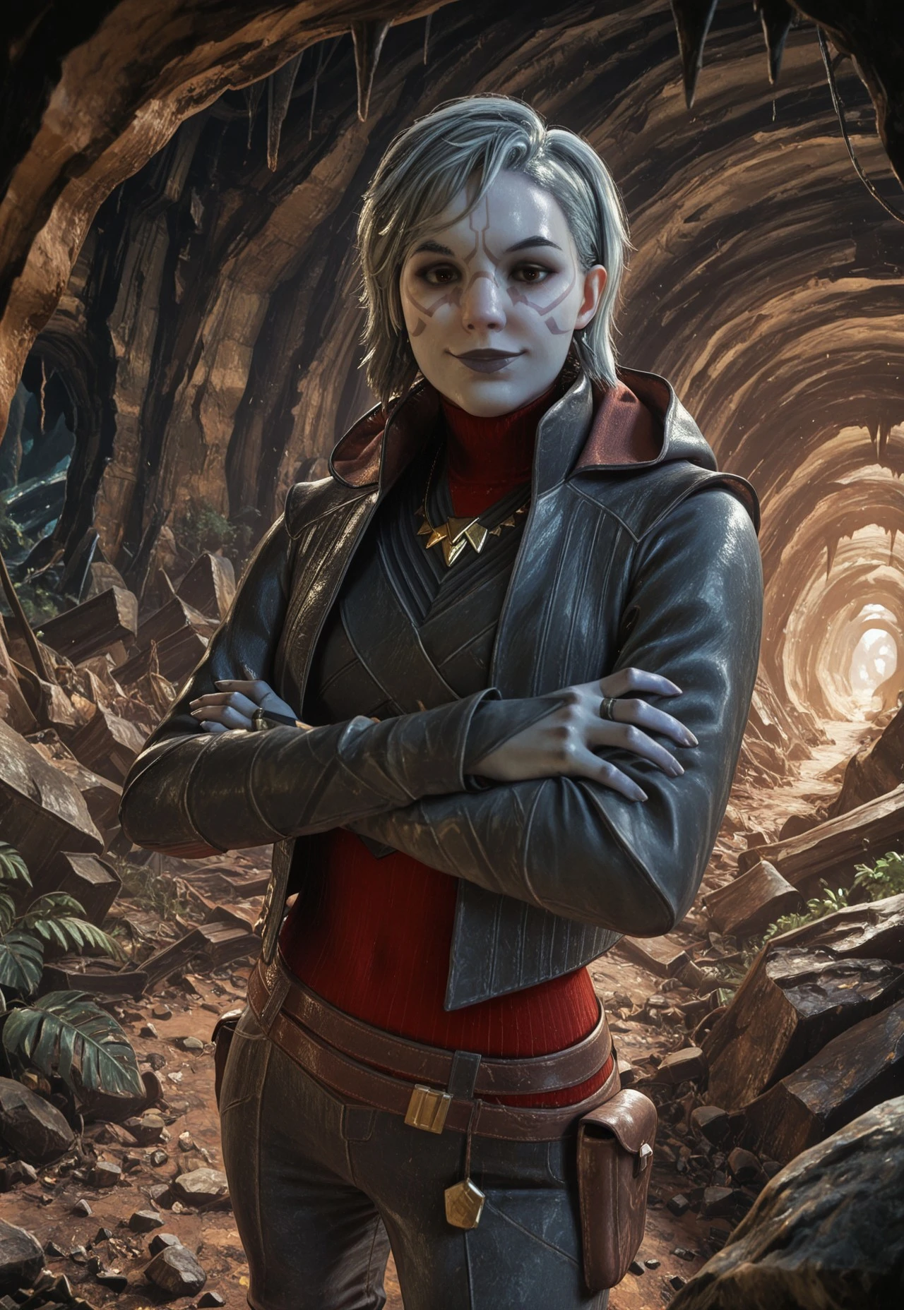 masterpiece, best quality, BREAK, dynamic angle, 1girl, solo, merjs, silver hair, grey skin, facial tattoo, jacket, necklace, pants, arms crossed, smirk, looking at viewer, cave, ruins, foliage, sci-fi, detailed scenery