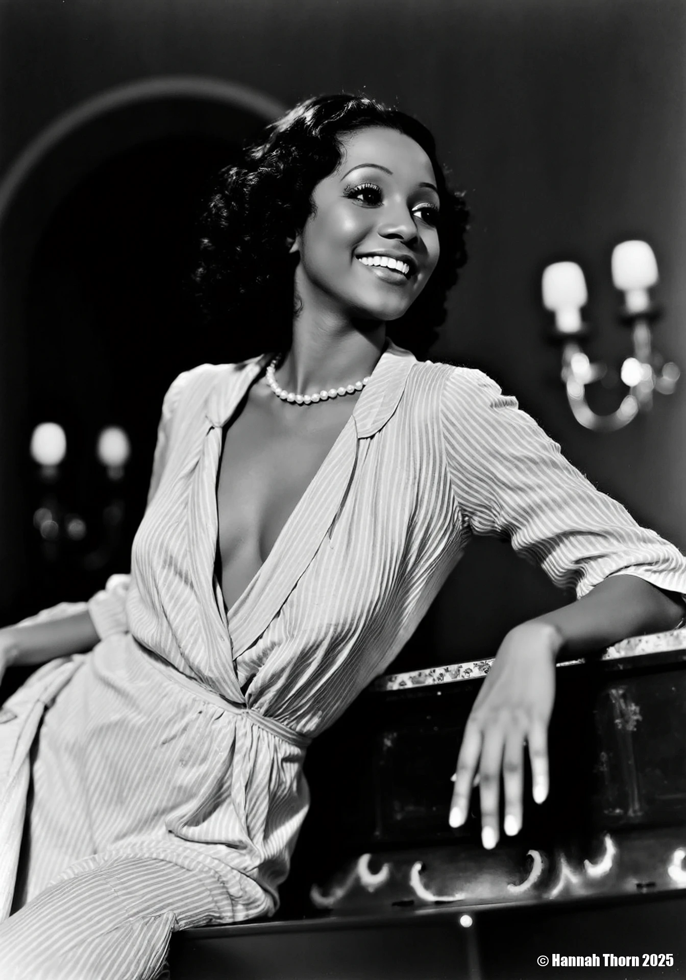 The black and white photograph shows a glamorous black woman with a stylish, wavy dark bob hairstyle. She's wearing a shimmering, striped or sequined garment that is low-cut to the visible navel, revealing most of her upper chest and hardly covering her nipples. The fabric seems to be loosely draped, giving it a somewhat casual or relaxed yet elegant appearance. A pearl necklace rests against her décolletage. Her pose is relaxed yet elegant; she's leaning slightly back, one arm resting on what looks like a piece of furniture, her hand gracefully displayed. Her expression is soft and somewhat dreamy, giving her an air of confidence and allure. Detailed Description of the Scene: The setting appears to be a softly lit interior, perhaps a boudoir or dressing room. The background is dark and unfocused, drawing attention to the woman. A part of what looks like a dark-colored piece of furniture is visible beneath her arm, suggesting a luxurious and intimate setting. Style of the Photo: The photograph is in black and white, consistent with classic Hollywood glamour photography of the 1930s. The lighting is soft and flattering, emphasizing the woman's features and the texture of her clothing. It has a timeless quality, suggestive of elegance and sophistication. The slightly out-of-focus background enhances the focus on the subject., detailifier<lora:_Flux\detailifier_flux-000006.safetensors:0.0:0.0>