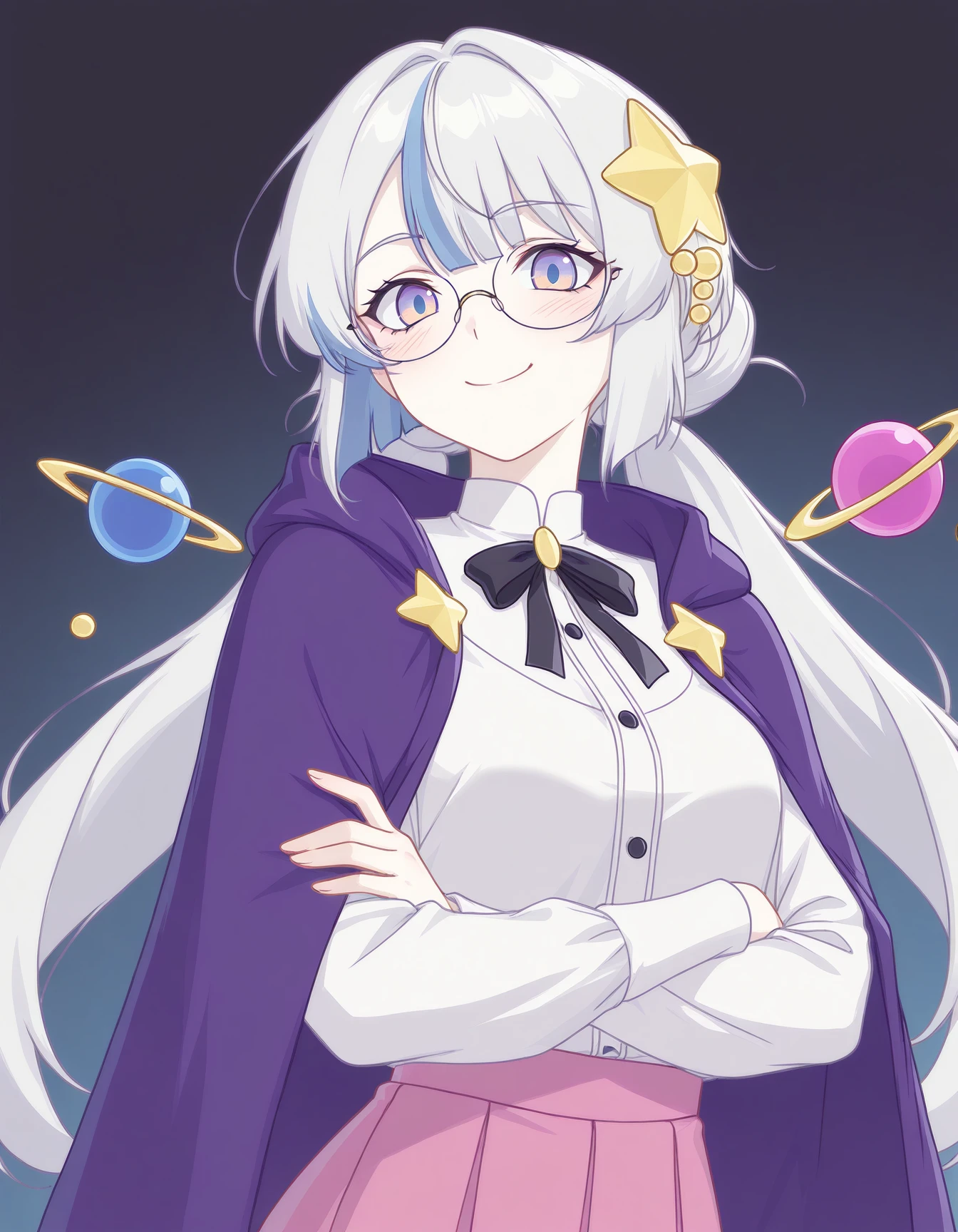 masterpiece, best quality, amazing quality, very aesthetic, high resolution, solo
Asteria-vkstickrs, silver hair, gradient eyes, lue streak, glasses, white blouse, black ribbon bow, pink skirt, deep purple cape adorned with golden star-shaped accessories, Floating around her are small celestial orbs and planetary rings, gradient background, crossed arms, smile, looking at viewer, 4 fingers
<lora:Asteria-vkstickrs_il:0.9>