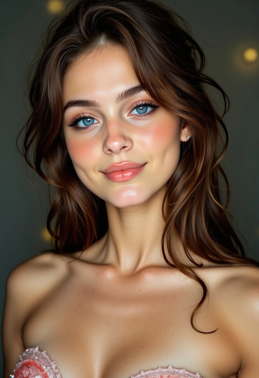 A stunning FACE CLOSE UP portrait of a YOUNG 18 YO GIRL , BLUE EYES, SMILING, wearing an elegant couture gown, aidmaimageupgrader,Captured with a Hasselblad X2D 100C and an 80mm f/1.9 lens, hyper-realistic textures, soft studio lighting, elegant shadows, styled for a Vogue beauty editorial, incredible realism, creamy bokeh, ultra-detailed textures, perfect lighting, styled for a Vogue coveR,aidmaimageupgrader