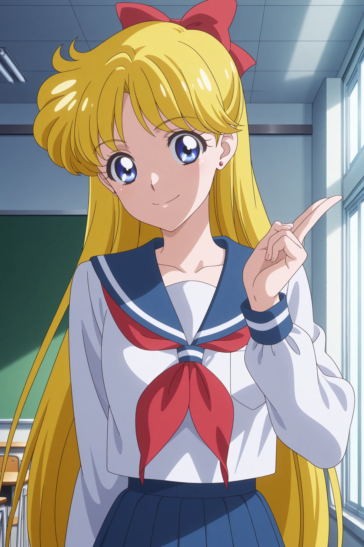 masterpiece, best quality, amazing quality, highres, absurdres, very aesthetic, high resolution, ultra detailed, perfect details, 1girl, solo, indoors, classroom, aino minako, long hair, blonde hair, red hair bow, blue eyes, stud earrings, serafuku, long sleeves, white shirt, blue sailor collar, red neckerchief, blue skirt, pleated skirt, white socks, white kneehighs, black footwear, strappy heels, <lora:Minako_Aino_ILXL:0.8>, (aged up:1.2), (portrait:1.5), smile, looking at viewer, (pose:1.3), (anime screencap:1.5), (anime coloring:1.5), from side