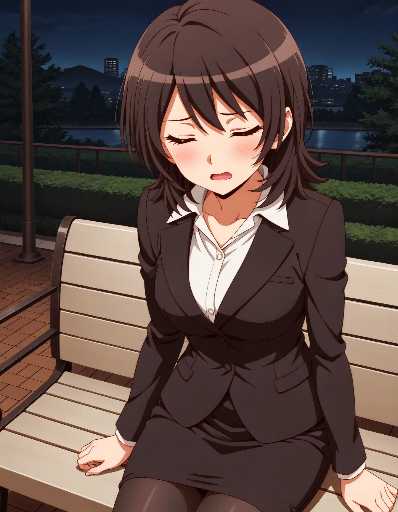 <lora:dmd2_sdxl_4step:1>,1girl,official style,masterpiece,best quality,newest,absurdres,highres,very awa,Anime,anime coloring,anime screencap,<lora:takahashi_maya_V1:1>,takahashi maya,solo,black hair,short hair,black eyes,skirt suit,black jacket,white shirt,pencil skirt,pantyhose,sitting,night park,exhausted,closed eyes,open mouth,