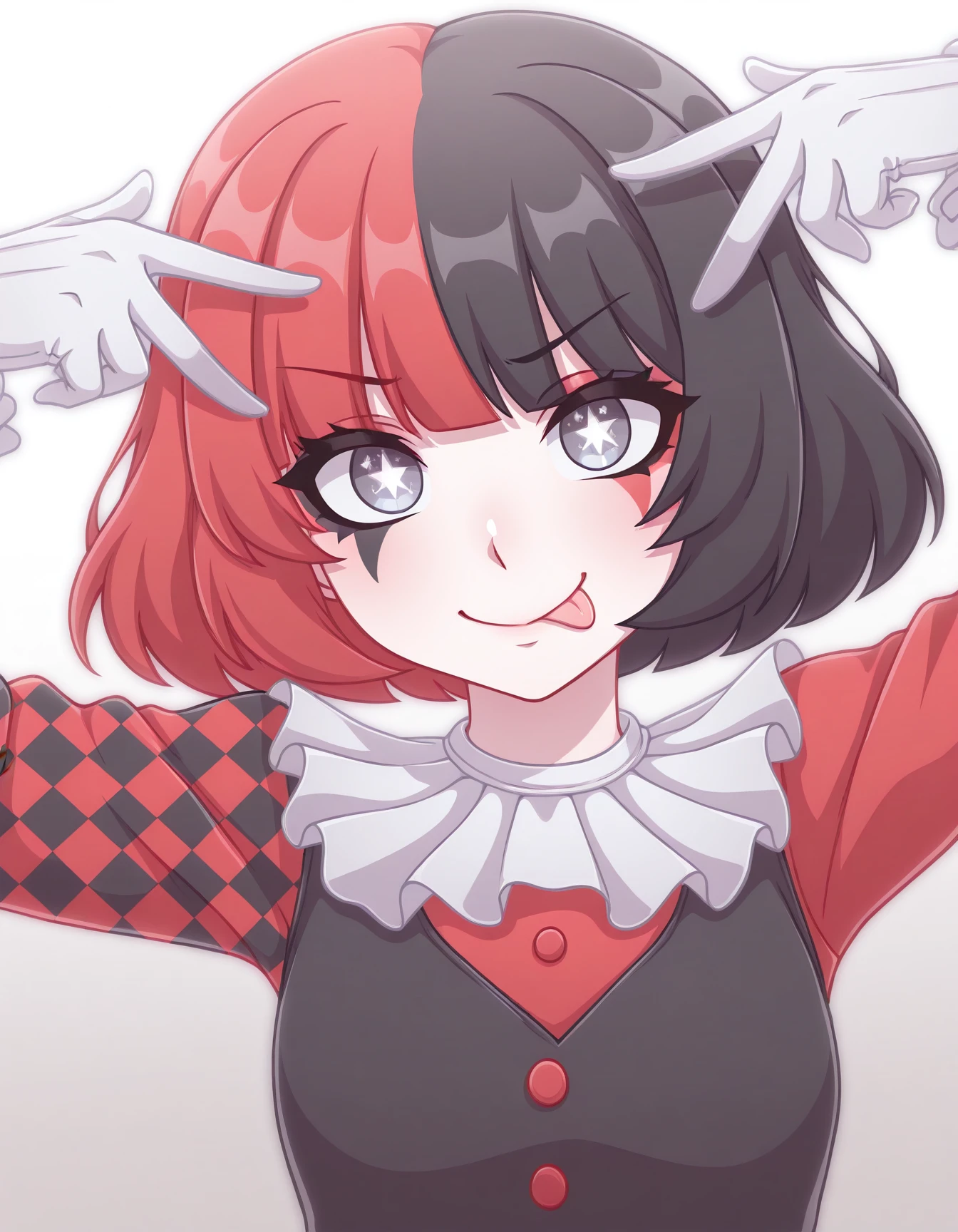 masterpiece, best quality, amazing quality, very aesthetic, high resolution, solo
Maf, two tone hair, red hair, black hair, black outfit, white collar, red sleeves, featuring a checkered sleeve, white collar, aihsnpose, smile, tongue out, double v, star-shaped pupils<lora:pose_aihoshinopose_illustriousXL:1>
<lora:Maf_il:0.9>