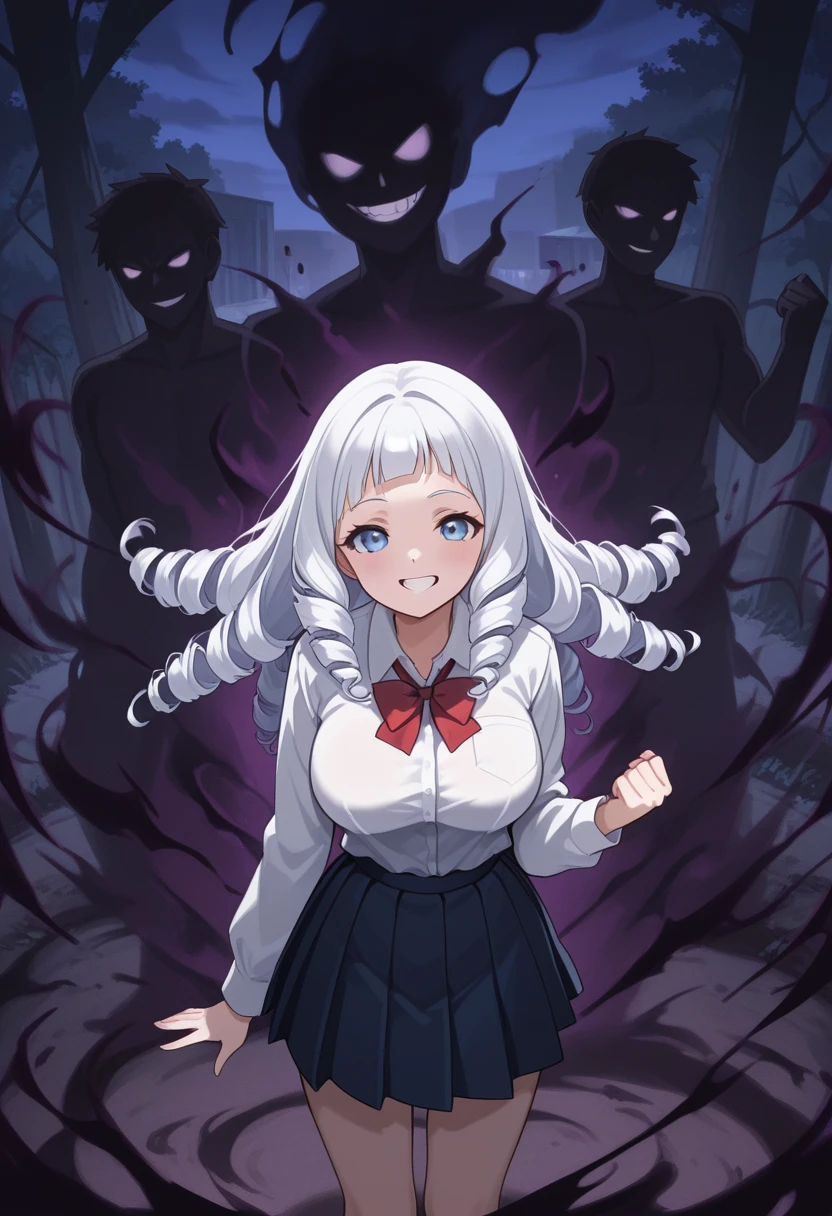 <lora:darkeffect_illustrious_v3-000009:1>,darkeffect,1girl,solo,bangs
outdoors,night closed_mouth, ,clenched hand, large breasts, white_hair,drill hair, standing,looking at viewer,blue eyes,grin,school uniform,
BREAK
long hair, outdoors, smile,dark,darkness,dark aura,vortex, black_smoke,surrounded,