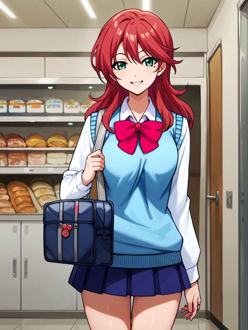 score_9, score_8_up, score_7_up,source_anime, high res image, (masterpiece, best quality:1.4), clear skin, ultra detailed eyes,
(shiny skin, glistening skin, shiny body, shiny face:0.5), <lora:Expressive_H:1>, expressiveh, <lora:add-detail-xl:1>,
<lora:eba_rin_ponyxl-10:1>,
eba rin sweater, eba rin, 1girl, solo, school uniform, green eyes, red hair, bag, mole under eye, skirt, mole, long hair, school bag, smile, sweater vest, pleated skirt, simple background, red bow, blue sweater vest, blue pleated skirt,
thick thighs, thigh gap, sexy pose, sensual, microskirt