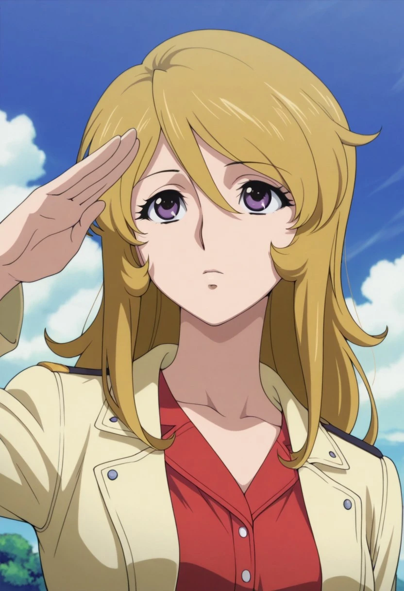 masterpiece,best quality,amazing quality, mori yuki, dirty-blonde hair, long hair, purple eyes, 1girl, solo, anime coloring, sky, jacket, cloud, day, salute, shirt, upper body, blue sky, hair between eyes, red shirt, official style