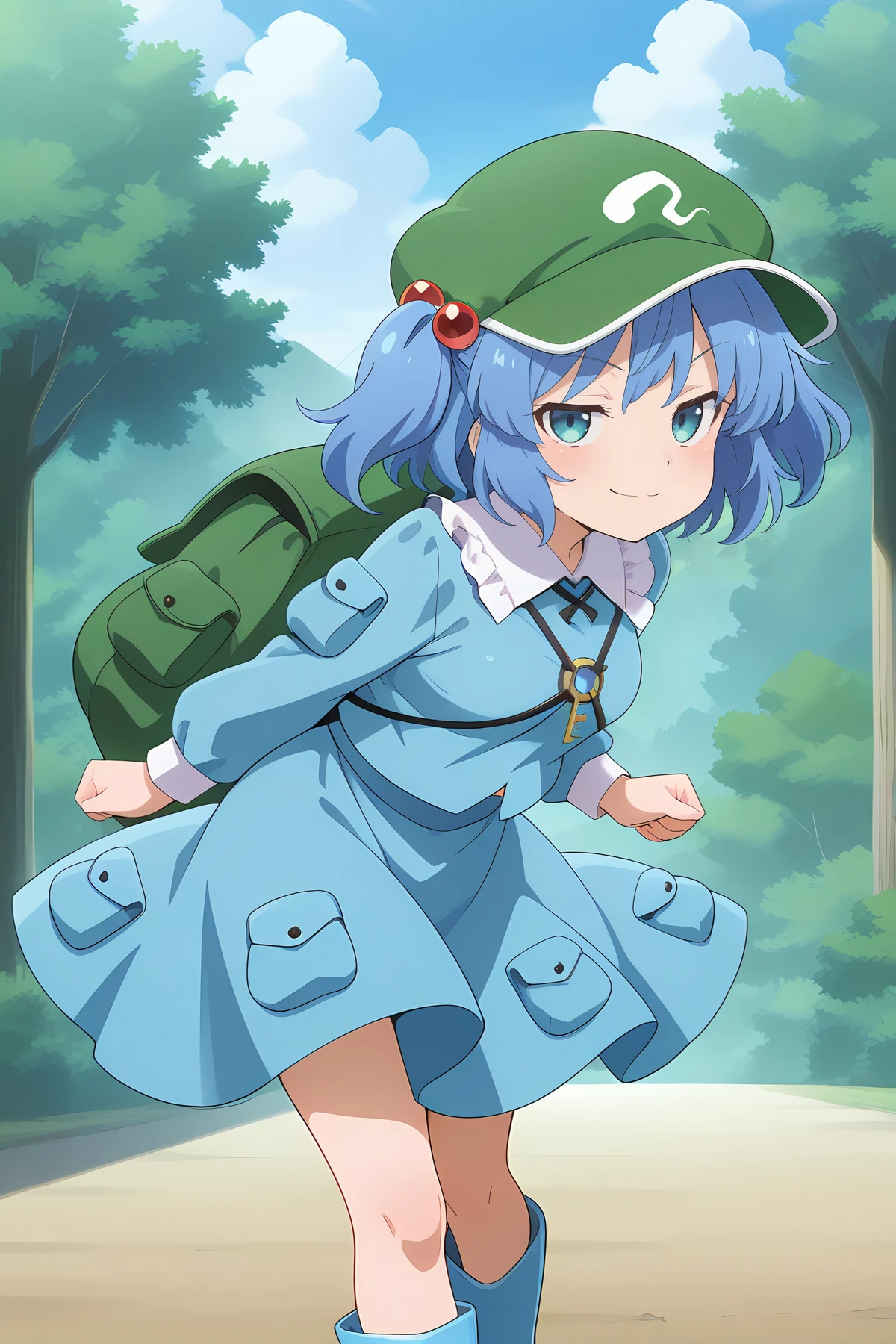 absurdres, highres, masterpiece, best quality, amazing quality, official anime artwork, screencap, anime screencap, outdoors, looking at viewer, light smile, dynamic pose,
<lora:Nitori-Kawashiro_Illustrious:1> kawashiro nitori, 1girl, solo, aqua eyes, blue hair, short hair, two side up, twintails, hair bobbles,, key, green headwear, flat cap, long sleeves, backpack, blue shirt, blue skirt, skirt set, blue footwear, rubber boots, pocket,
smug, mechanical arms,