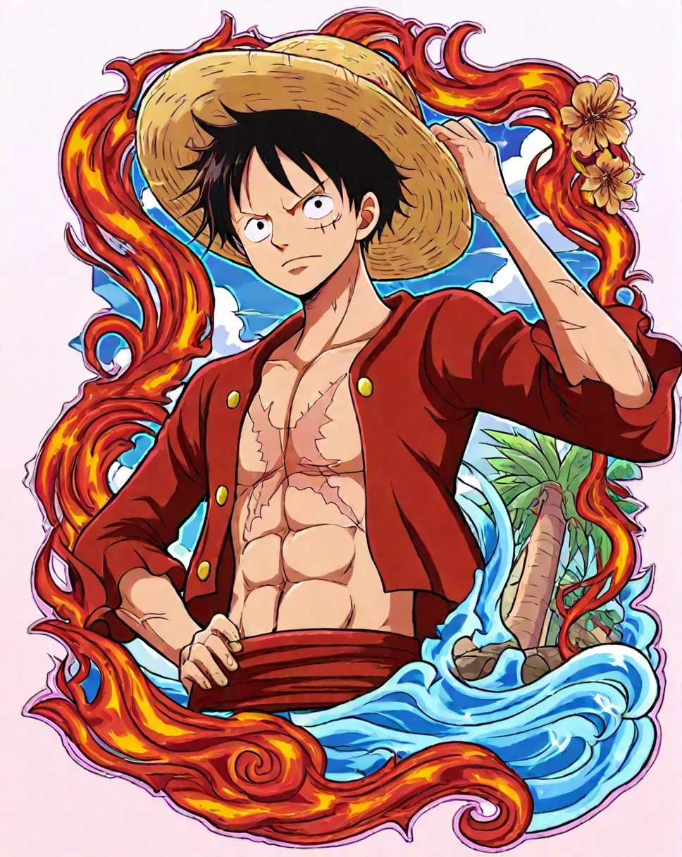<lora:LUFFY_pony_XL:0.6>, Luffy, red jacket, scar on chest, straw hat, black hair, 1boy, solo, alone, thousand sunny, sea,<lora:pin_design_illustriousXL:1>, pindesign, outline, masterpiece, highres