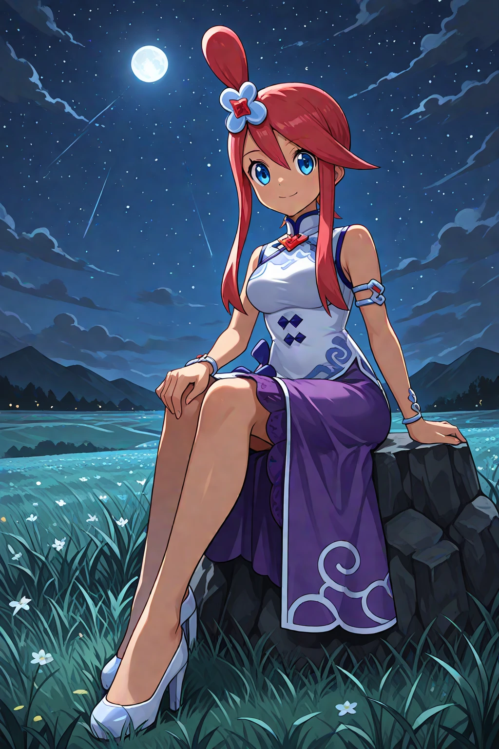 1girl, solo, sitting ,night, night_sky, moonlight, meadow, medium_breasts,anniskyla, askylex, dark-skinned_female, red_hair, short_hair_with_long_locks, blue_eyes, chinese_clothes, white_dress, purple_skirt, sleeveless_dress, silver_bracelet_with_red_gem, purple_cloud_armlet, hair_ornament_\(blue\), shoes, white_footwear, high_heels, [blue_shoe_tips]