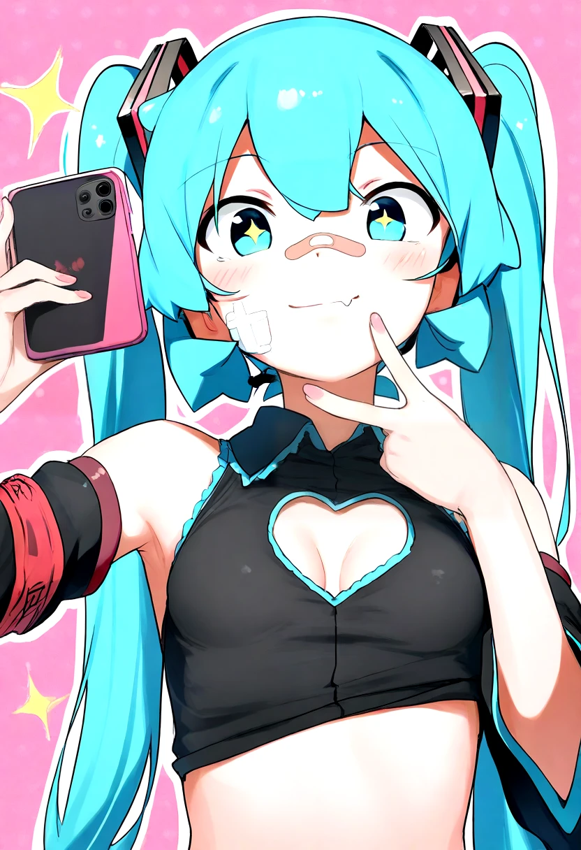 masterpiece,best quality,amazing quality,absurdres,<lora:hatsune_miku_illustrious:0.8>,hatsune_miku_illustrious,+ +,1girl,aqua hair,arm up,armband,bandaid,bandaid on face,bandaid on nose,bare shoulders,black shirt,bow,breasts,cellphone,cleavage cutout,closed mouth,clothing cutout,crop top,detached sleeves,fang,fang out,hair bobbles,hair bow,hair ornament,hand up,heart,heart hair ornament,holding,holding phone,long hair,multicolored hair,outline,phone,pink background,pink eyes,pink nails,polka dot,polka dot background,shirt,skin fang,sleeveless,sleeveless shirt,small breasts,smartphone,smile,solo,sparkle,sticker on face,twintails,v,v over mouth,watermark,white outline,