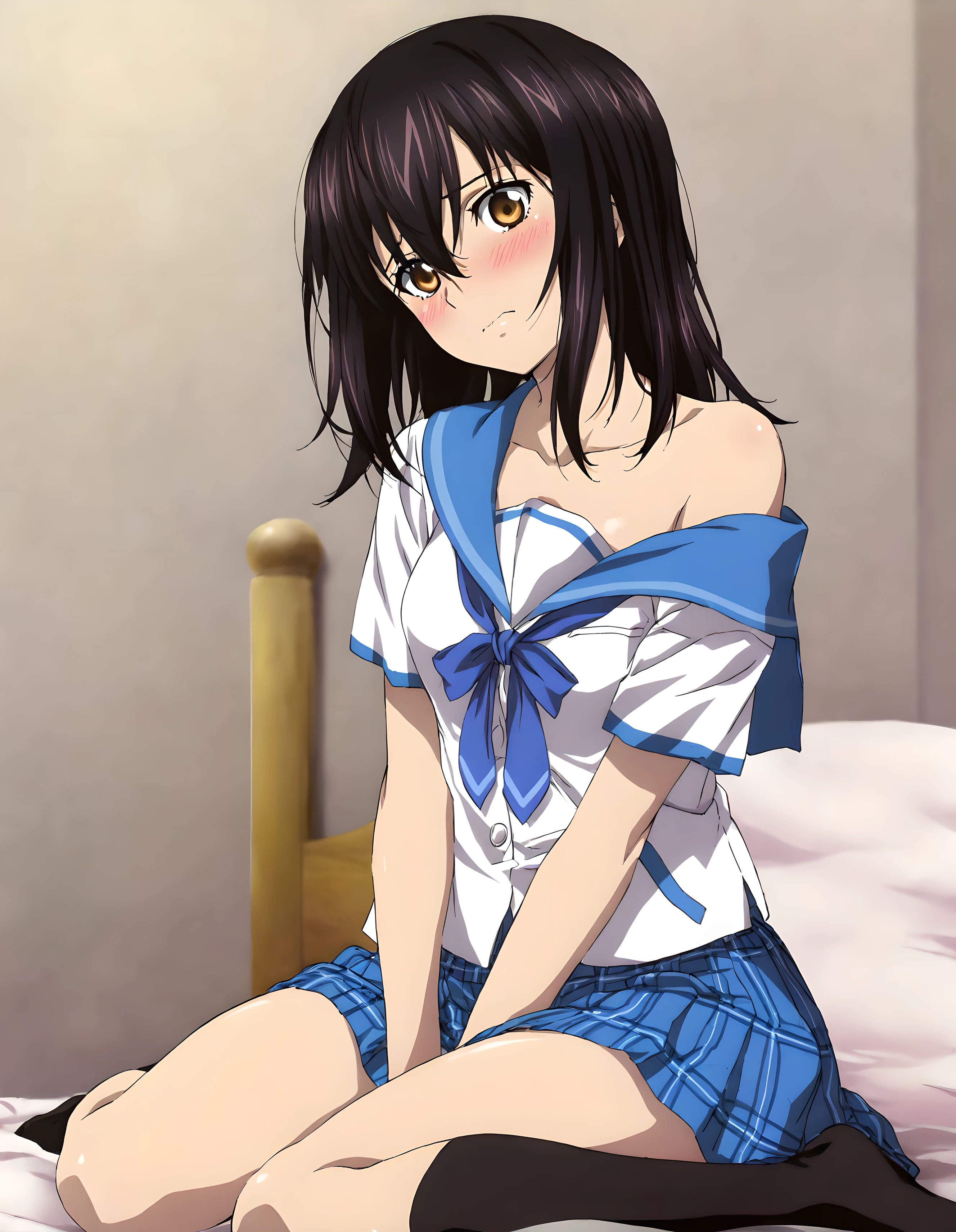 <lora:illustrious_XL_yukina_v2:0.8>,yukina,masterpiece,best quality,good quality,1girl,solo,school uniform,serafuku,blue mini skirt,pleated skirt,kneehighs,blush,moaning,closed_mouth,looking_at_viewer,head_tilt,one bare shoulder,adjusting_clothes,wariza,