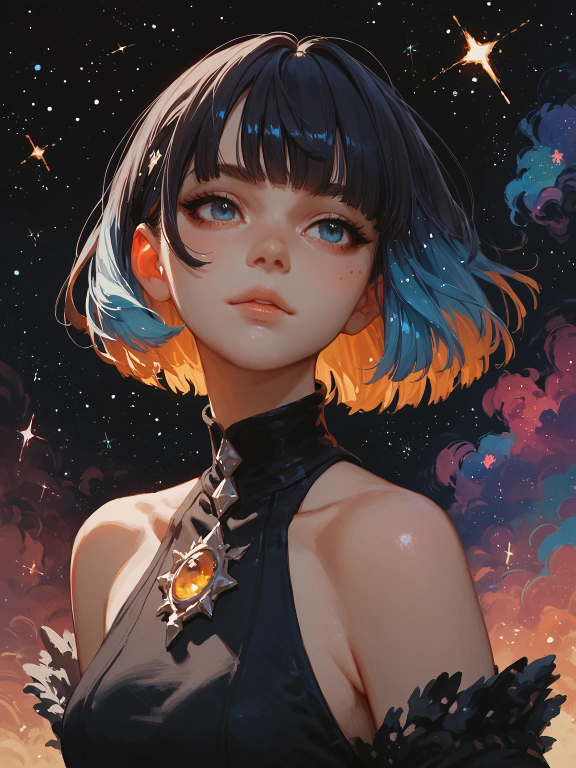 score_9,score_8_up,score_7_up,score_6_up,score_5_up,rating_questionable,source_anime,1girl,portrait,multicolored hair,fringe,bare shoulders,upper body,cosmic,