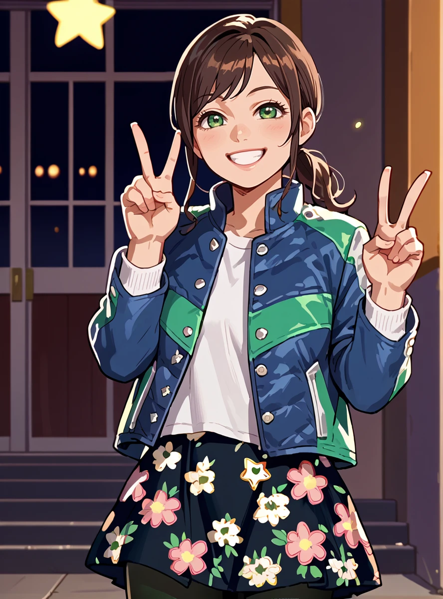 score_9, score_8_up, score_7_up, score_6_up,source_anime anime screencap     <lora:HammieKyuranger_r1:1>hammiekyuranger, solo, 1girl, jacket, black hair, pantyhose, smile, brown hair, long hair, ponytail, green eyes, floral print, star (symbol) smile skirt,  v_sign,