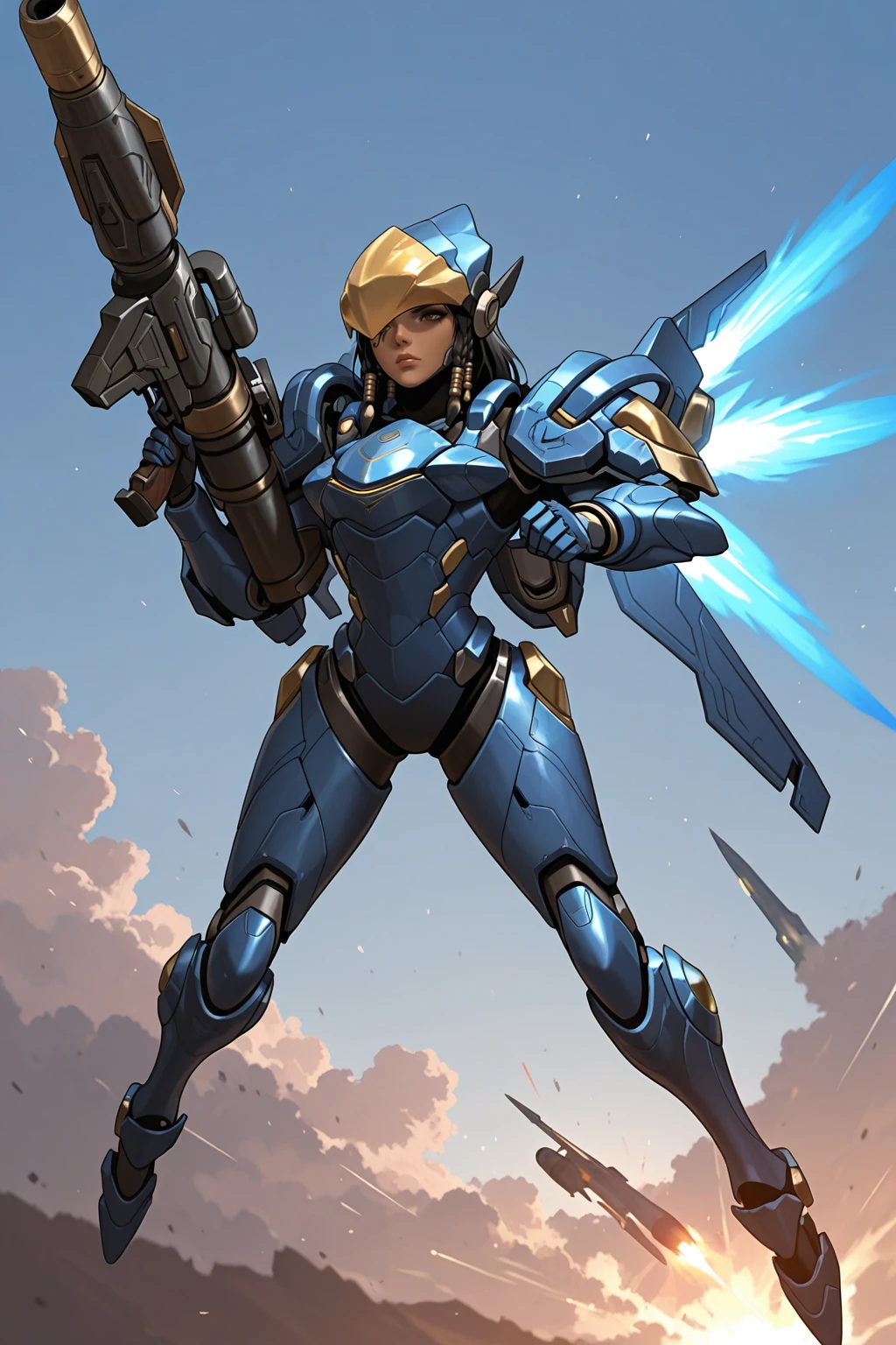 masterpiece, good quality, best quality, very awa, very as2, absurdres, highres,
<lora:PharahilluLoRA:1>phrah, hair tubes, facial tattoo, side braids, power armor, helmet:1.2, jetpack, thrusters, holding gun, rocket launcher