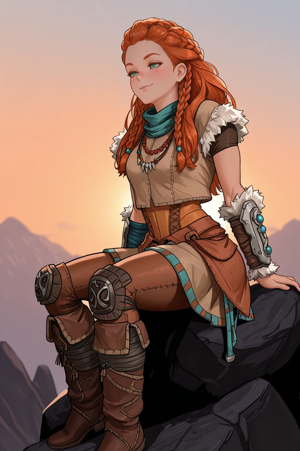 masterpiece, good quality, best quality, very awa, very as2, absurdres, highres
<lora:AloyilluLoRA:1>aly, long hair, multiple braids, freckles, hair ornament, scarf, top, fur trim, necklace, bracer, skirt, pants, single knee pad, boots, sitting on a rock, sundown, orange light, smile
<lora:alvaStyleilluLYC:1> alva