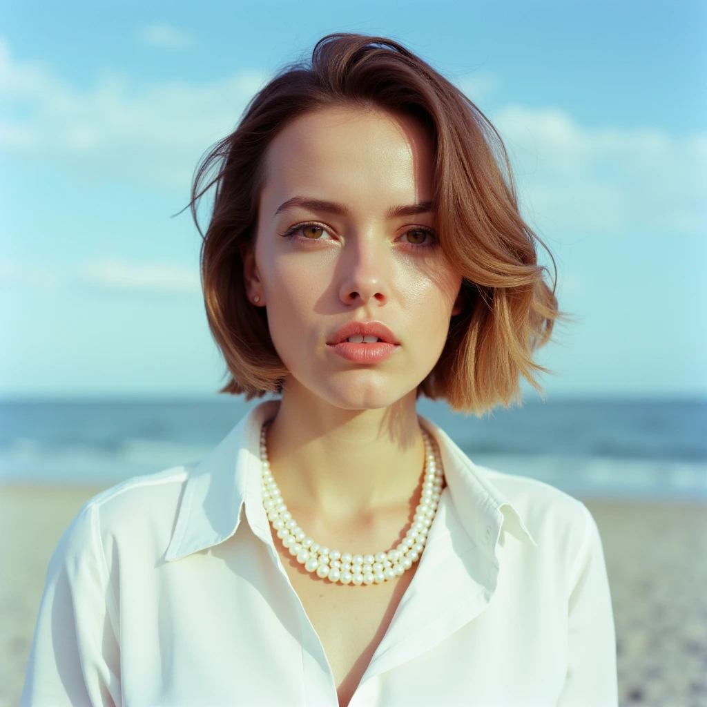 analog film photo of <lora:Celluloid Film v1:0.9>
Kodak Ektar analog film stocks of a woman with a necklace on her neck detailed image, sharp edges, cinematic, cinematography, Kodak Ektar analog film stocks style, 1girl, solo, looking at viewer, short hair, shirt, brown hair, jewelry, white shirt, upper body, outdoors, parted lips, sky, day, medium hair, cloud, necklace, blurry, blue sky, lips, blurry background, depth of field, ocean, beach, realistic, pearl necklace, breasts, long sleeves, teeth, blonde hair, photorealistic, faded film, desaturated, 35mm photo, grainy, vignette, vintage, Kodachrome, Lomography, stained, highly detailed, found footage