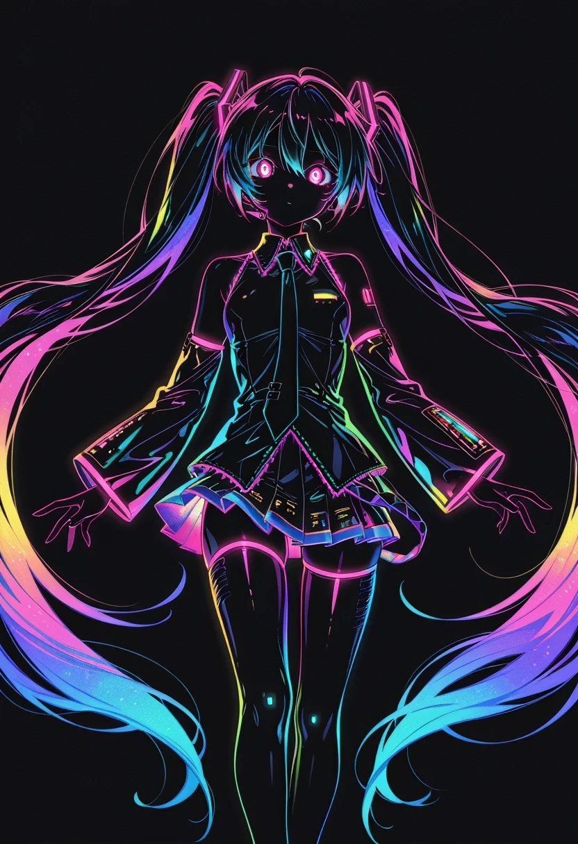 Hatsune Miku,limited palette,black background,colorful,vibrant,glowing outline,neon,blacklight,looking at viewer, masterpiece, very aesthetic