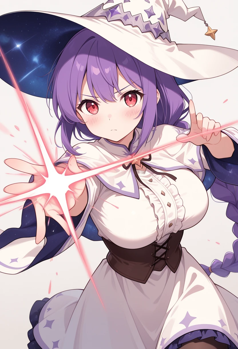 masterpiece, best quality, high score, great score, absurdres,melitaphyllis, mainoutfit, 1girl, solo, long hair, breasts, looking at viewer, blush, bangs, large breasts, red eyes, long sleeves, hat, dress, purple hair, wide sleeves, star, (symbol),, capelet, witch hat, white headwear, witch, white capelet, center_frills,shirt,white_dress
,braid,braid_ponytail
<lora:melita_phyllis_v1_illustrious:1>,blush,simple background,motion_lines,dynamic pose,dynamic_angle,action,fighting stance, aiming at viewer, casting spell, serious