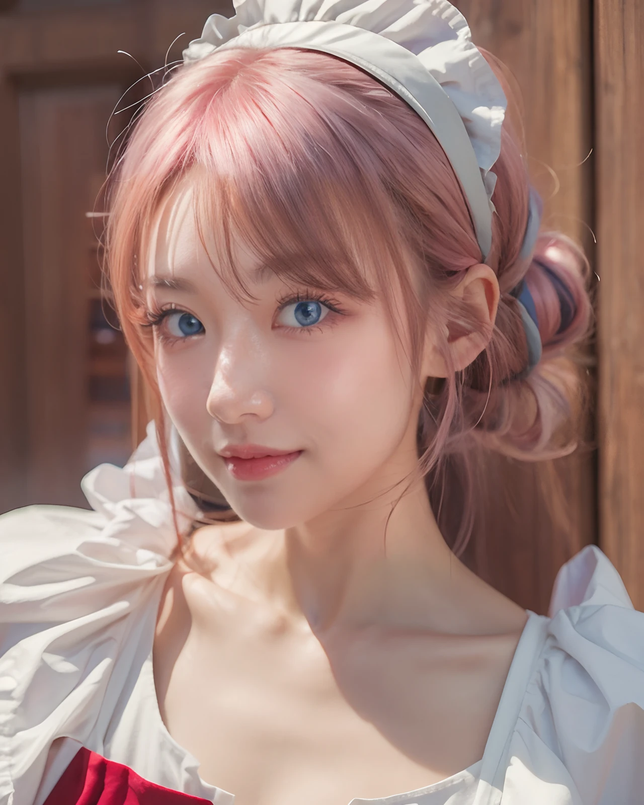 (masterpiece:1.4), (best quality:1.4) , (photorealistic:1.4), 8k, 1 girl,looking at viewer, upper body, pink hair, maid,