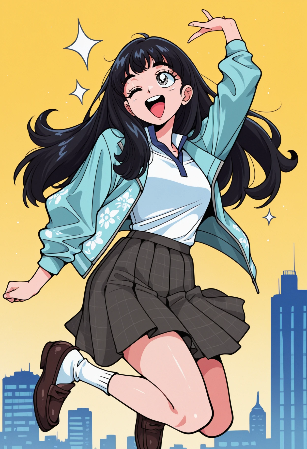 masterpiece, best quality, 1girl, midair, \o/, ;d, (1990s \(style\):0.69), sparkle, city pop, <lora:TaoSMT-illu:1> tao, black hair, long hair, choppy bangs, grey eyes, aqua jacket, open jacket, track jacket, long sleeves, floral print, white shirt, collared shirt, grey skirt, plaid skirt, pleated skirt, white socks, loafers, brown footwear, yellow background, skyline