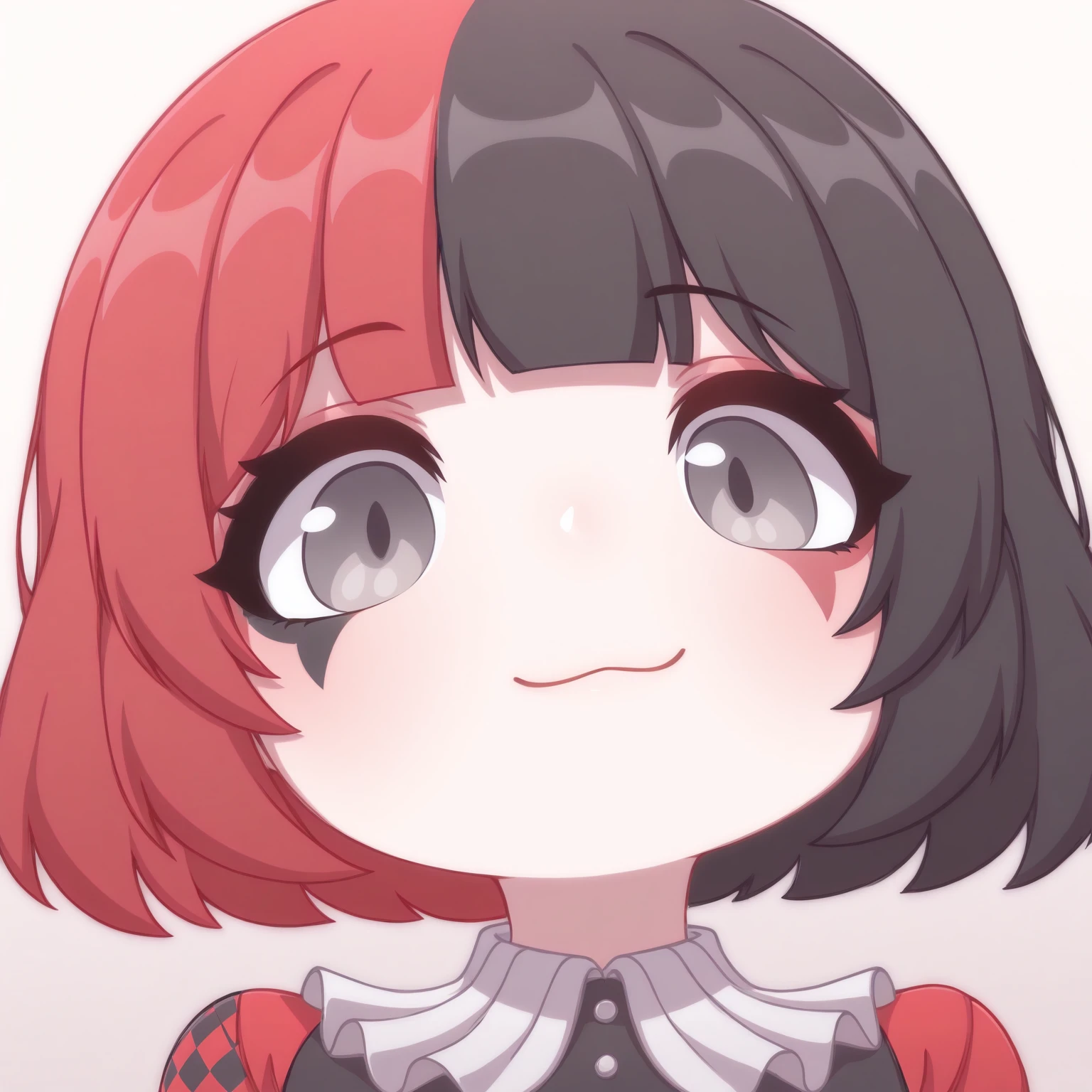 masterpiece, best quality, amazing quality, very aesthetic, high resolution, solo
Maf, two tone hair, red hair, black hair, black outfit, white collar, red sleeves, featuring a checkered sleeve, white collar, mutsukiface, portrait, close-up, smile, :3, closed mouth, chibi
<lora:meme_mutsukiface_illustriousXL:1>
<lora:Maf_il:0.9>