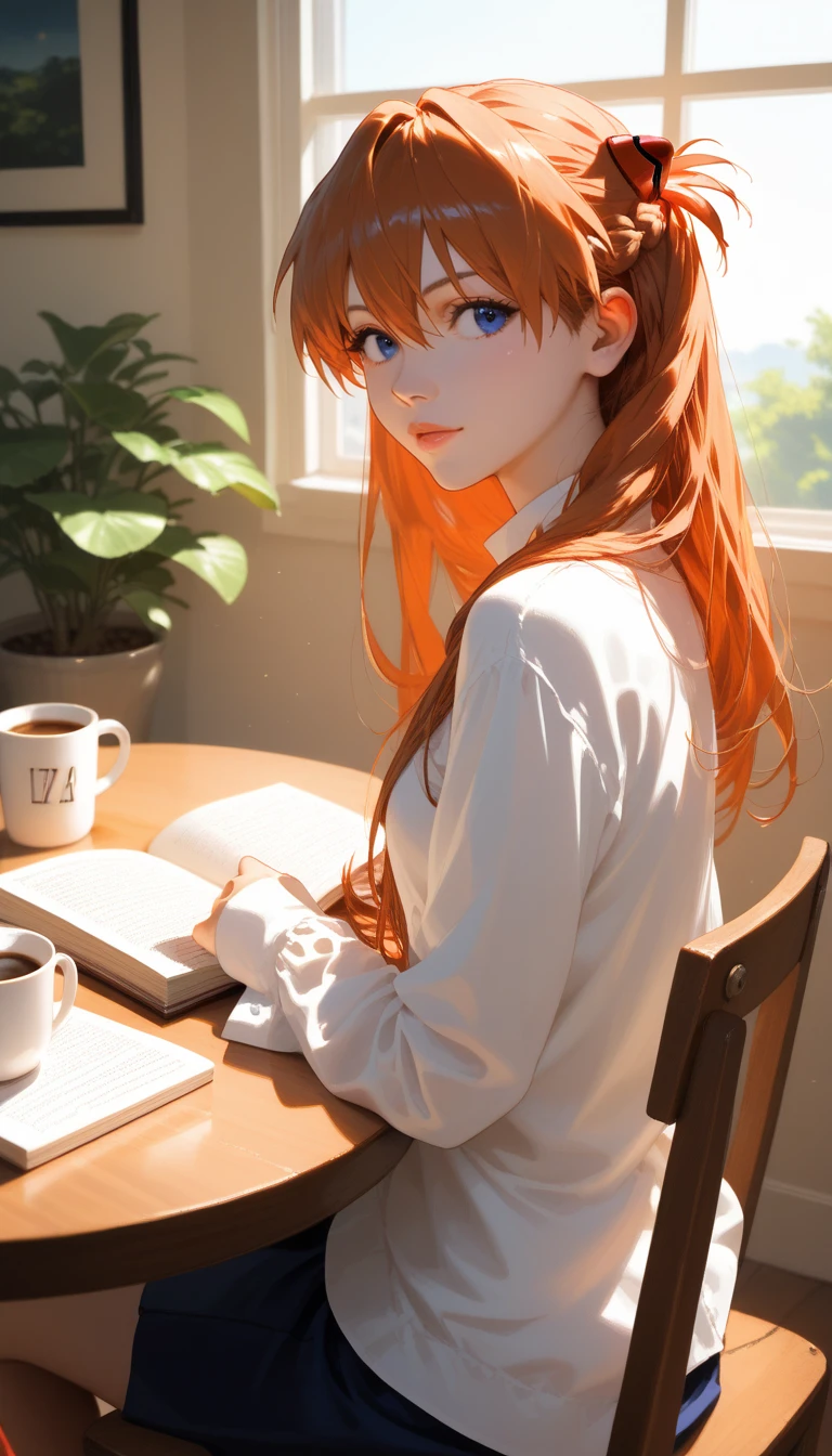 1girl, souryuu asuka langley, neon genesis evangelion, rebuild of evangelion, solo, detailed beautiful face and eyes, crimson eyes, lips, red hair, loose braid, sitting, indoors, café, reading book, window seat, coffee cup, pastry, warm sunlight, wooden furniture, peaceful atmosphere, Striped linen blouse with a boxy silhouette and wide sleeves, designed by Sander Lak for Sies Marjan, stylish outfit, break Natural Movements, from behind, looking back, (from above:0.4), (dutch angle:0), mid-range shot, body emphasis, tight framing, ruffled clothing, looking away, break High-Definition Anime Character Detailing, Polished Anime Illustration, Japanese Artistic Style with Enhanced Clarity, Anime Ultra HD, Anime Style with Realistic Textures, Crisp Anime Lines, Vivid Anime Colors, Rich Color Palette in Anime, Smooth Shading in Anime Style, Anime with Depth of Field Effect, high contrast, Professional fashion editorial feel, ethereal, highly detailed, ultra detailed, insanely detailed, fine texture, crisp detail, crisp edges,
BREAK,masterpiece, best quality,score_7_up,score_8_up,score_ 9, score_5_up,score_6_up,