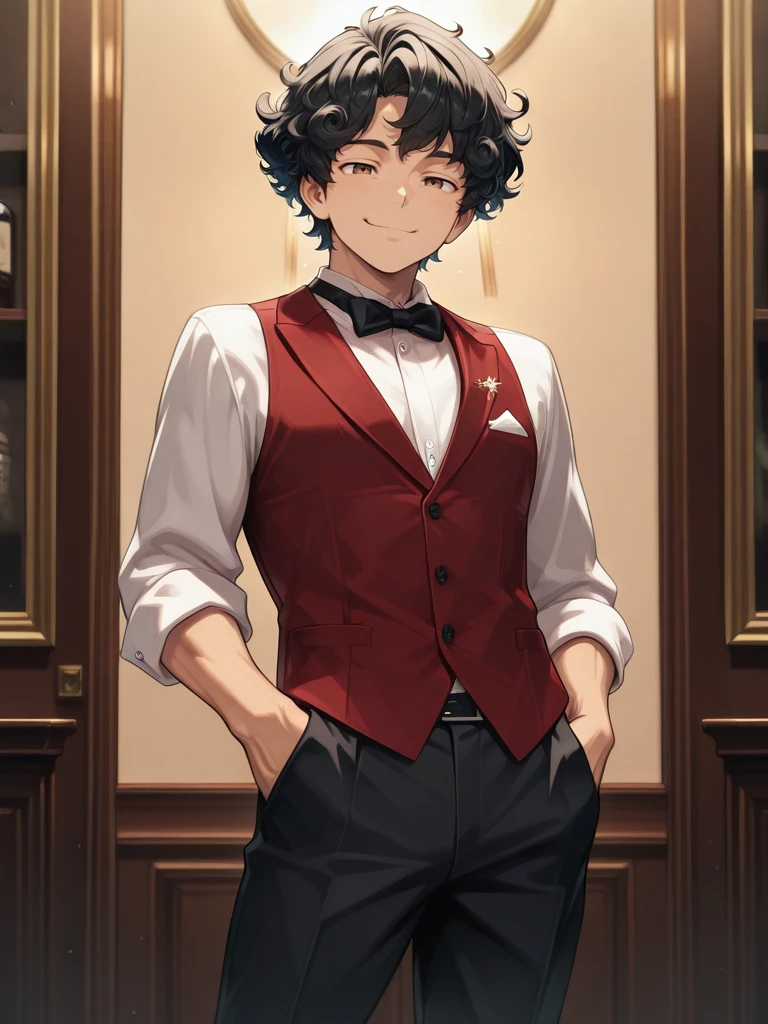 <lora:Tenryo_T:1>,Tenryo T,1boy,adult male,solo,
white shirt,red vest,trousers,formal party,standing,one hand in pocket,subtle smile,confident,
masterpiece,best quality,ultra detailed